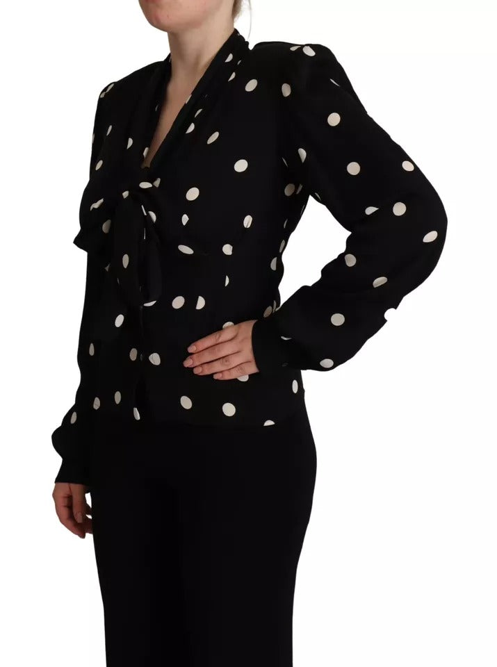 Dolce & Gabbana Black Polka Dots Silk Pussy Bow Long Sleeves Top