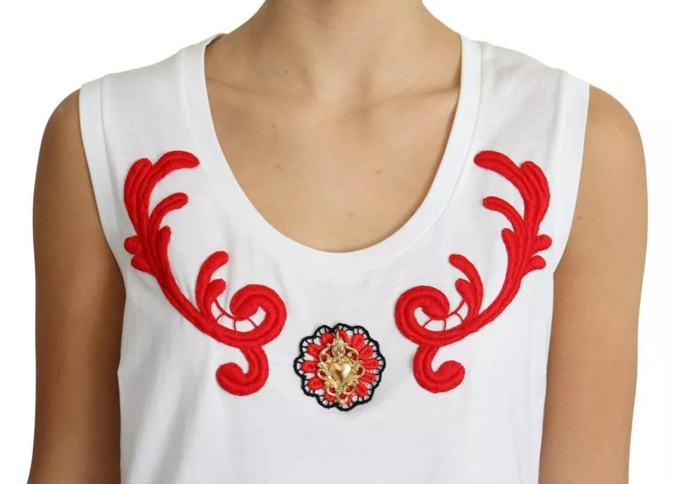 Dolce & Gabbana White Cotton Heart Applique Sleeveless Tank Top