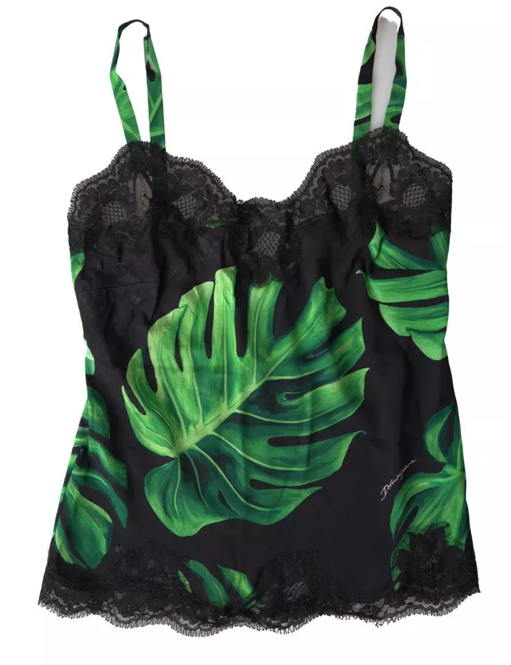 Dolce & Gabbana Black Philodendron Print Silk Camisole Underwear