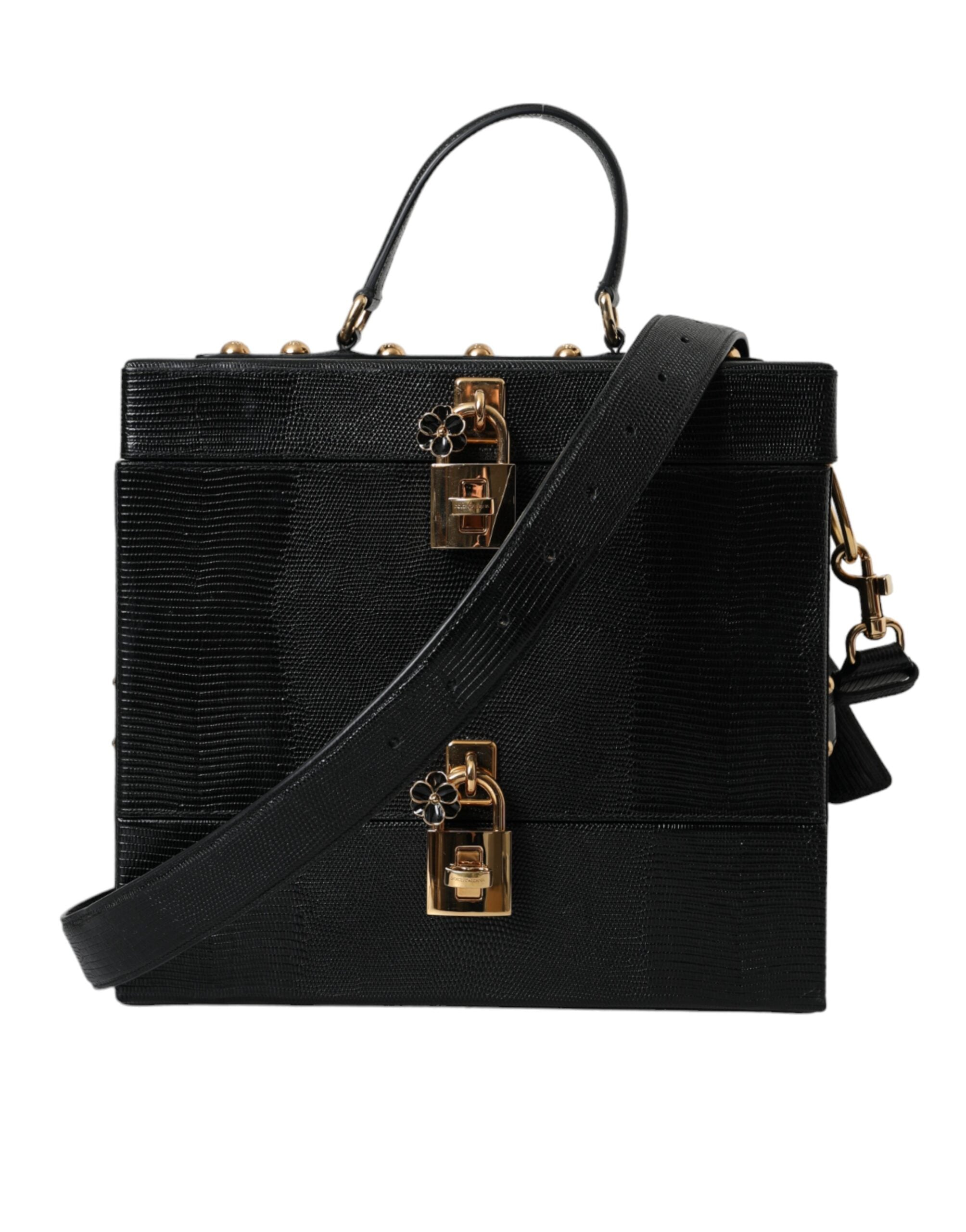 Dolce & Gabbana Black Lizard Embossed Calfskin Leather Double Box Bag