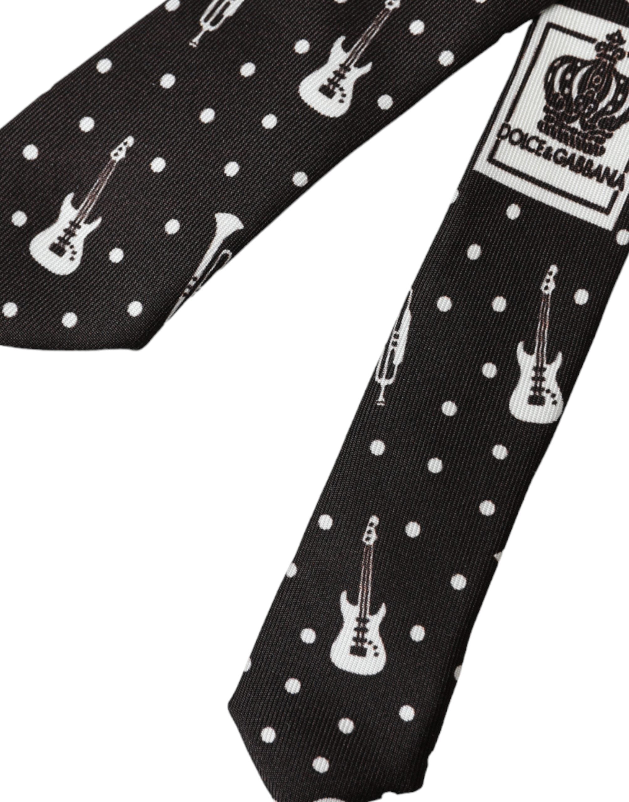 Dolce & Gabbana Black Guitar Print Silk Adjustable Tie