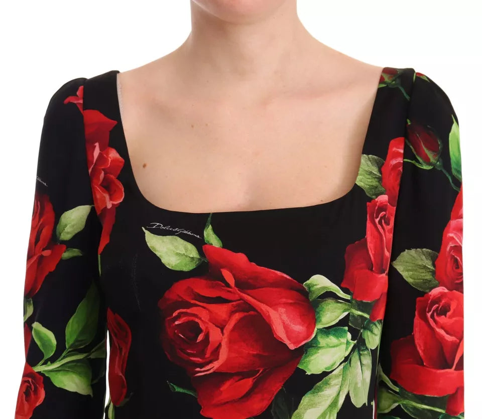 Dolce & Gabbana Black Red Roses Sheath Silk Stretch Dress