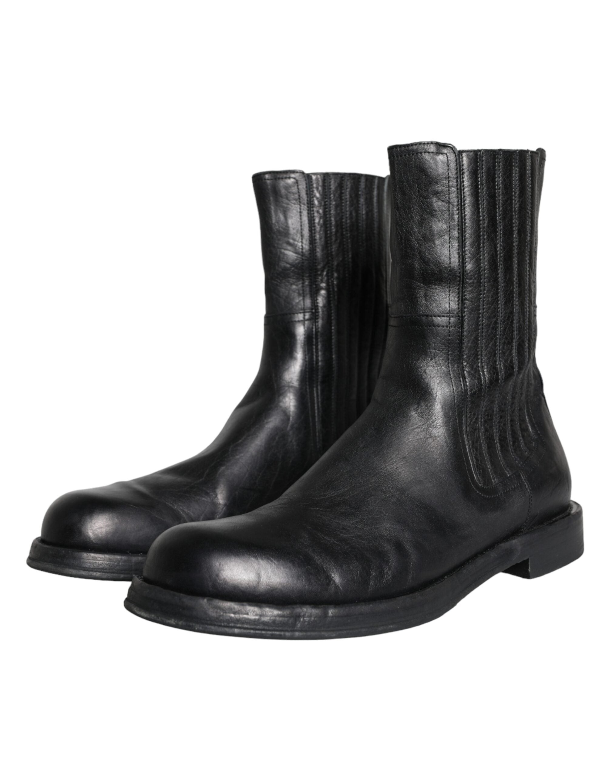 Dolce & Gabbana Black Horse Leather Mid Calf Boots Men Shoes