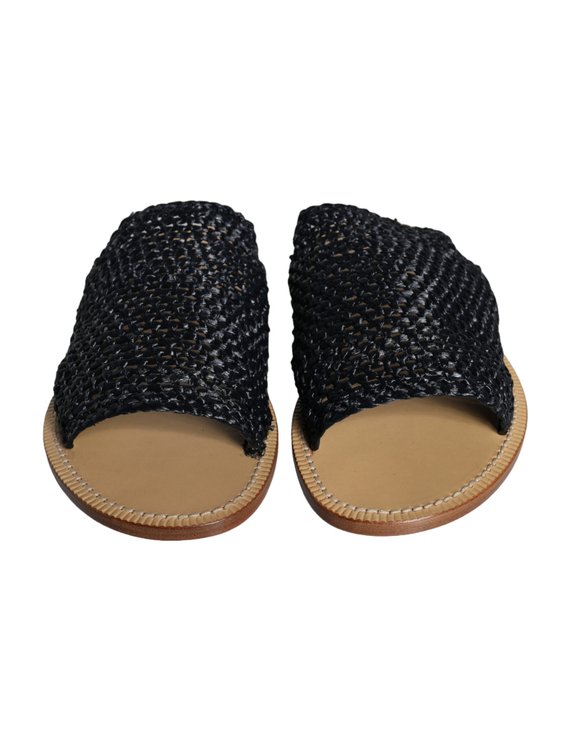 Dolce & Gabbana Black Monochrome Braided Raffia Slides Shoes