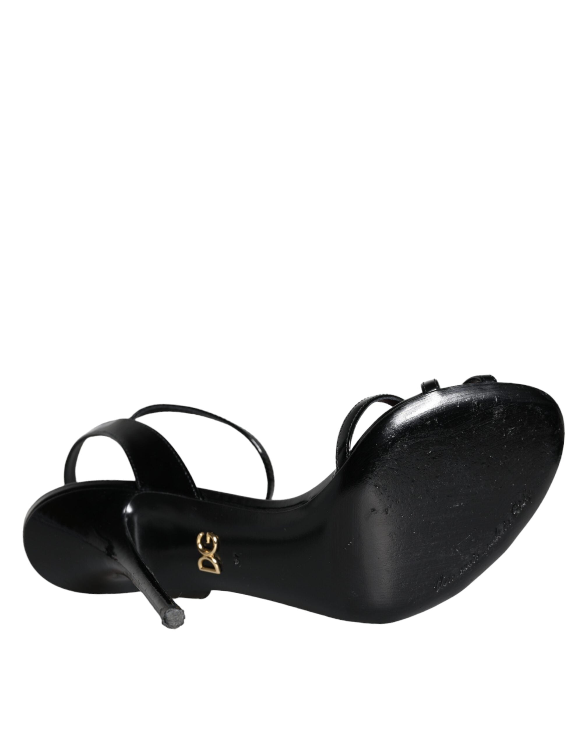 Dolce & Gabbana Black Leather Rose Ankle Strap Keira Sandals Shoes