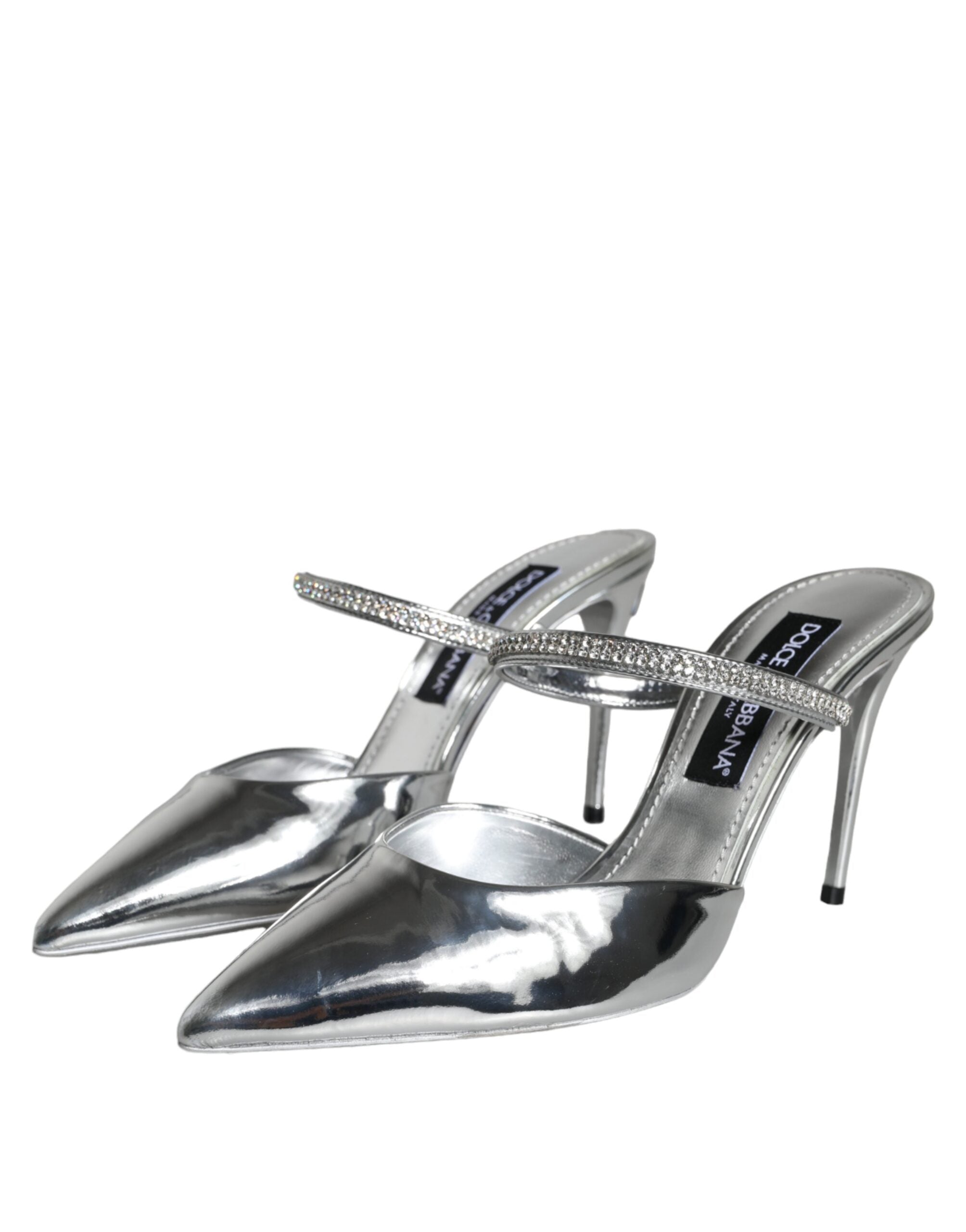 Dolce & Gabbana Silver Crystal Leather Slip On Sandals Shoes