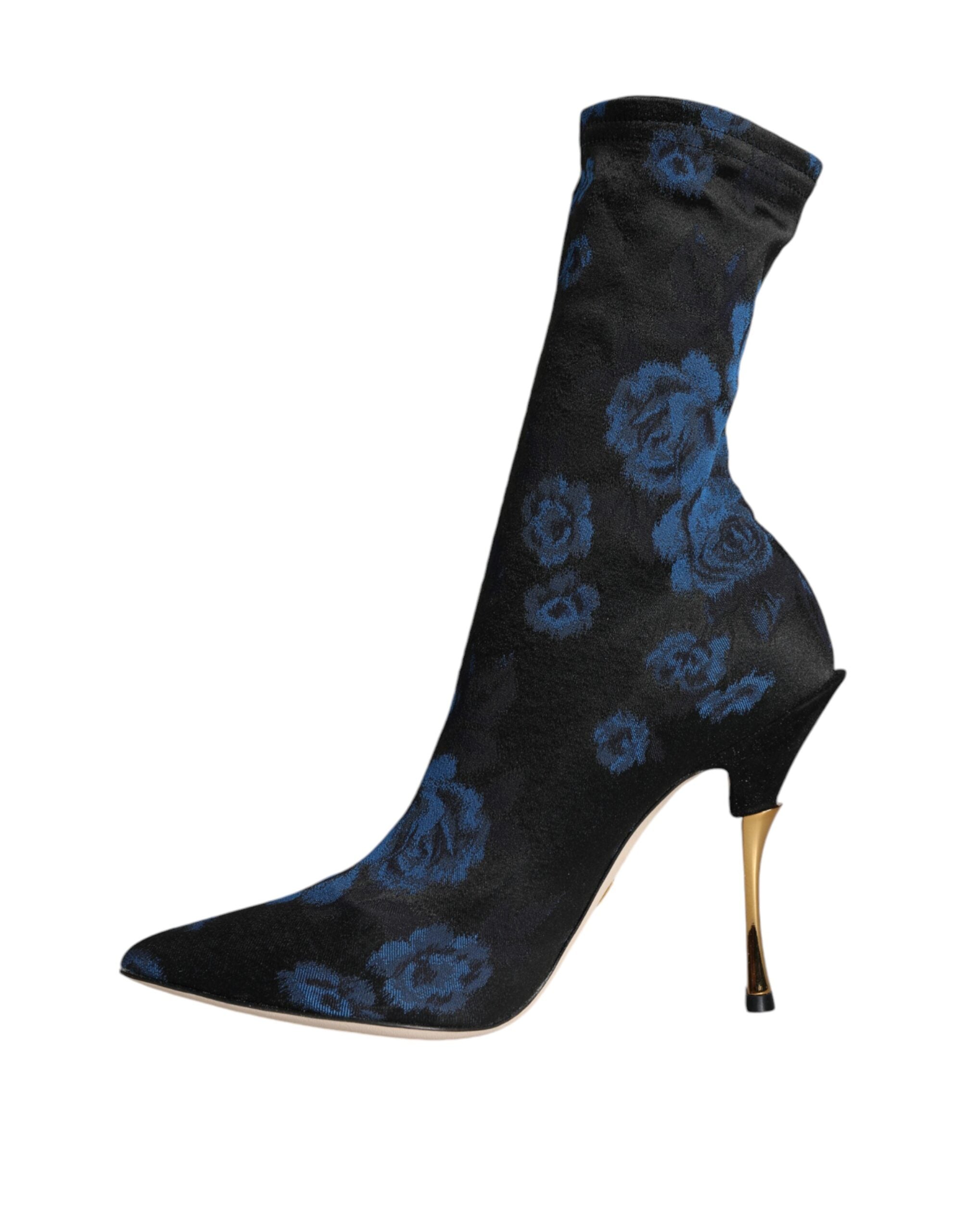 Dolce & Gabbana Black Floral Stretch Mid Calf Boots Shoes