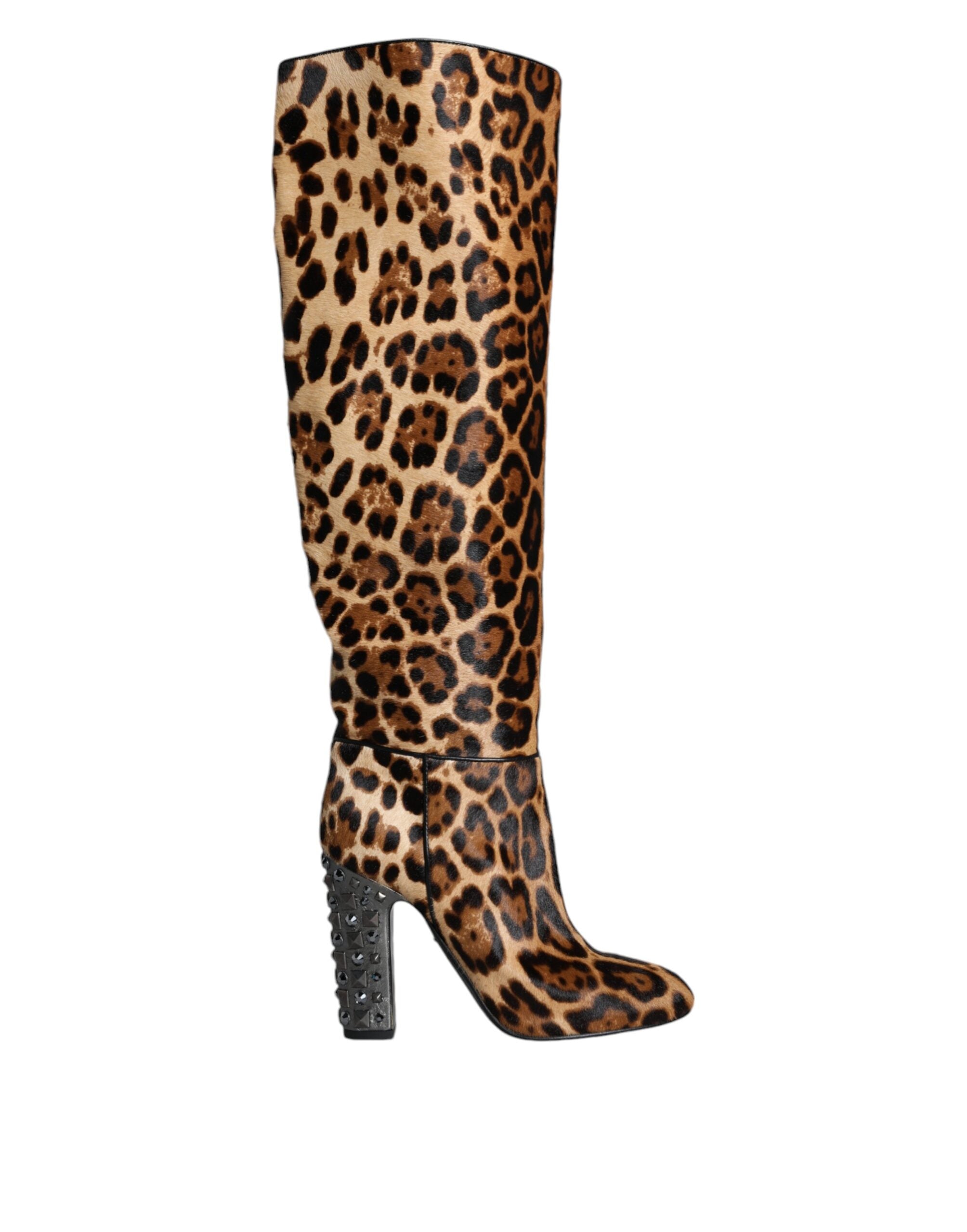 Dolce & Gabbana Beige Black Leopard Knee High Boots Shoes