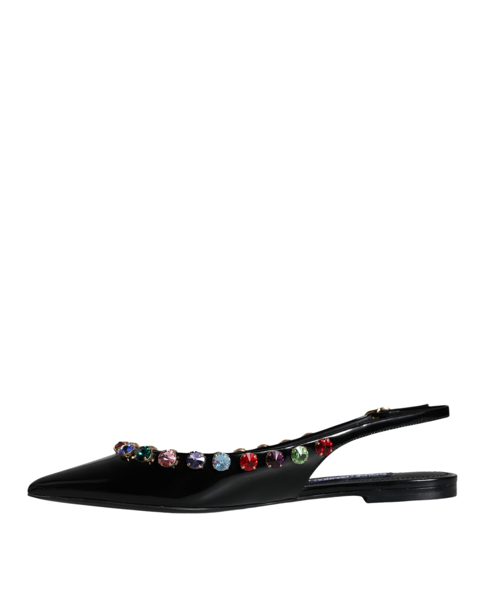 Dolce & Gabbana Black Leather Crystal Flats Slingback Shoes