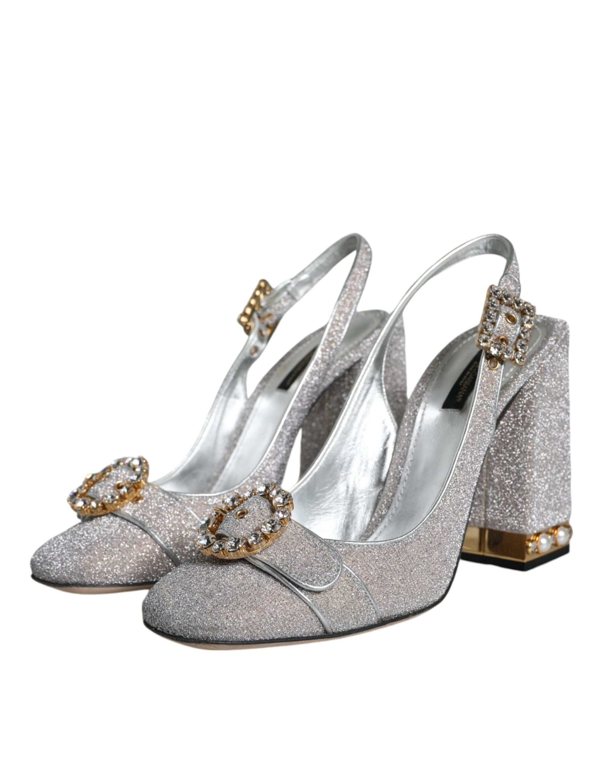 Dolce & Gabbana Silver Crystal Slingback Heels Sandals Shoes