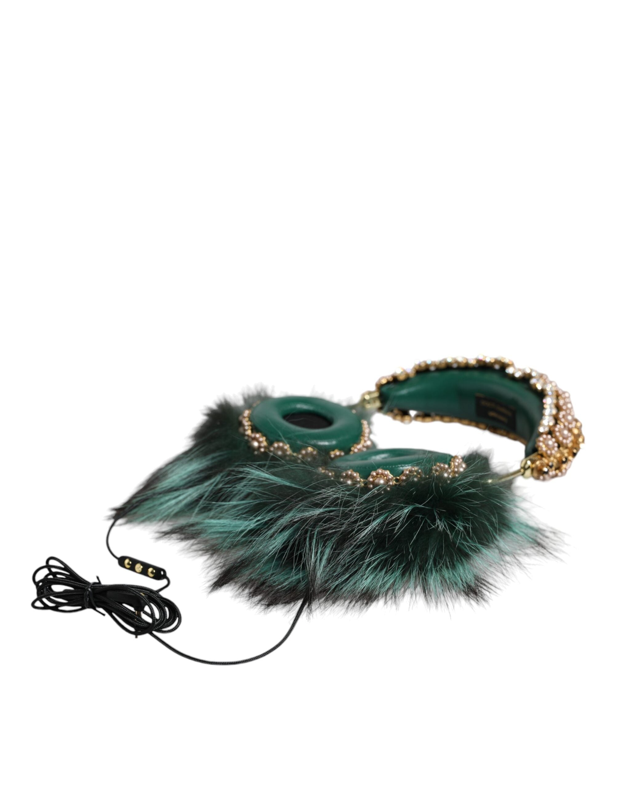 Dolce & Gabbana Green Gold Crystal Fur Headset Audio AUX Headphones