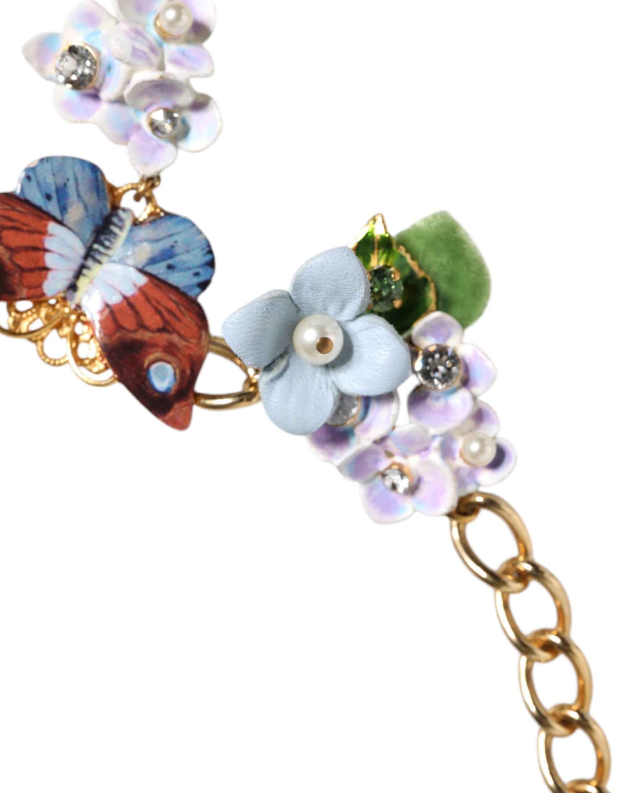 Dolce & Gabbana Multicolor Floral Decor Crystal Gold Brass Chain Necklace