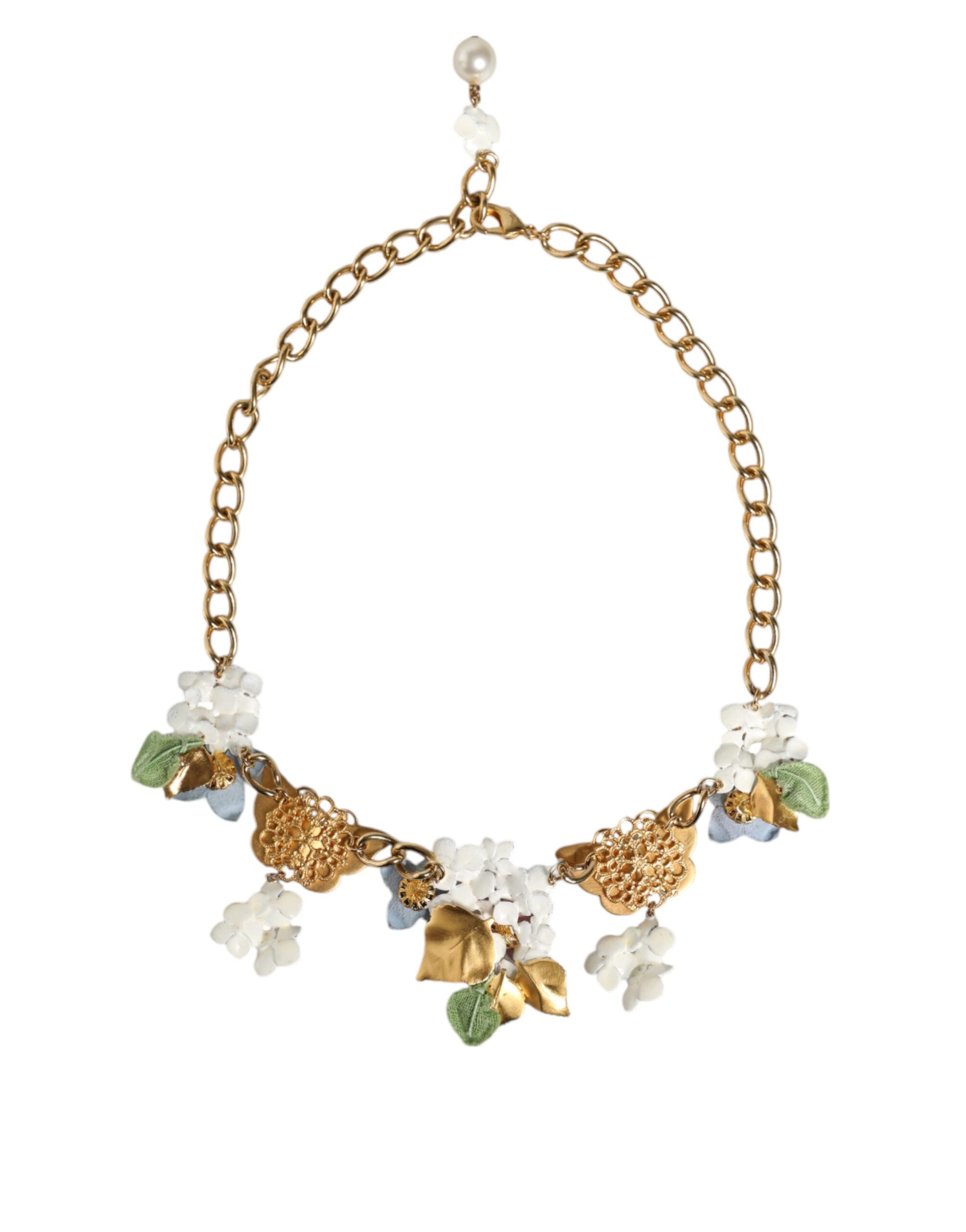 Dolce & Gabbana Multicolor Floral Decor Crystal Gold Brass Chain Necklace