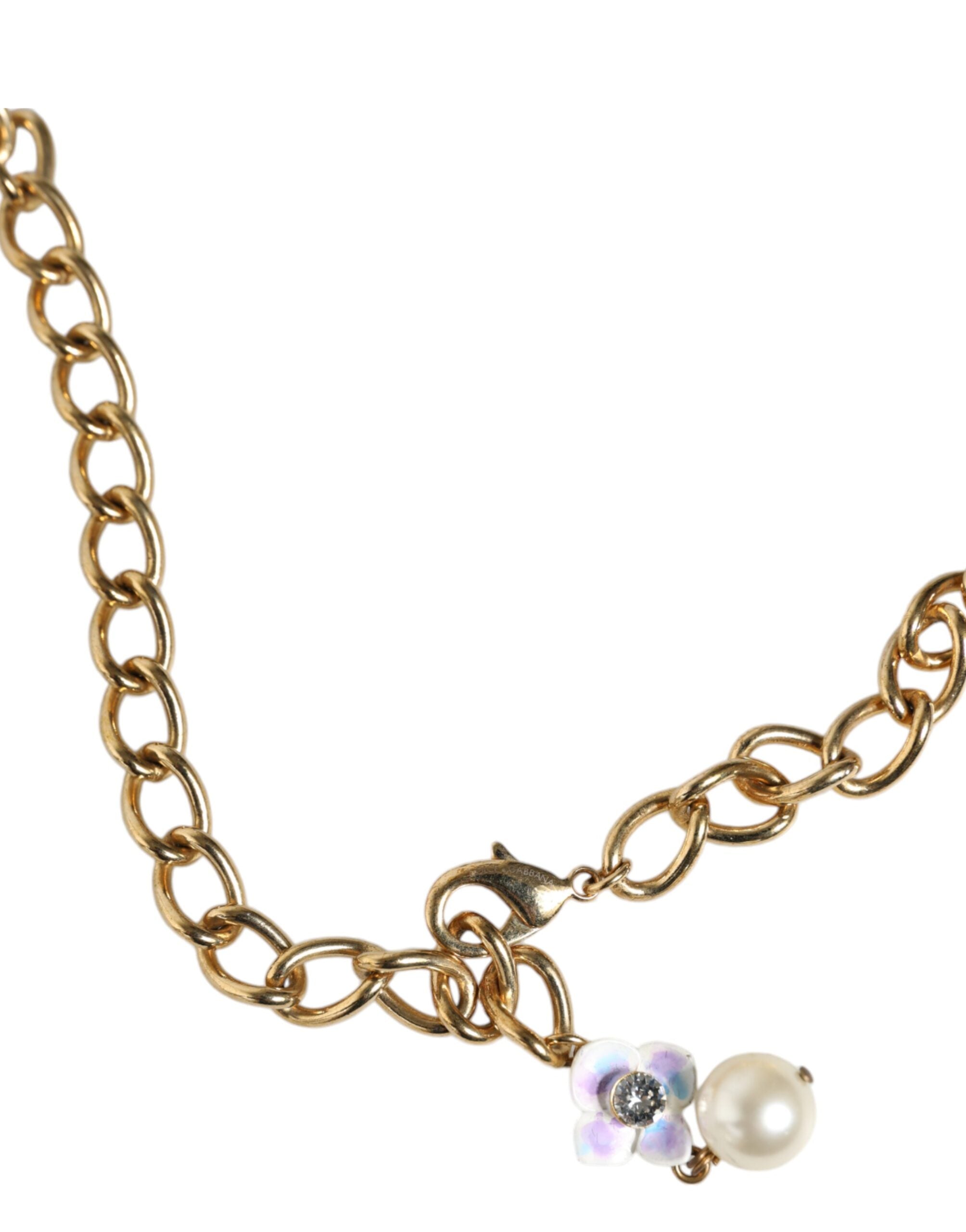 Dolce & Gabbana Multicolor Floral Decor Crystal Gold Brass Chain Necklace