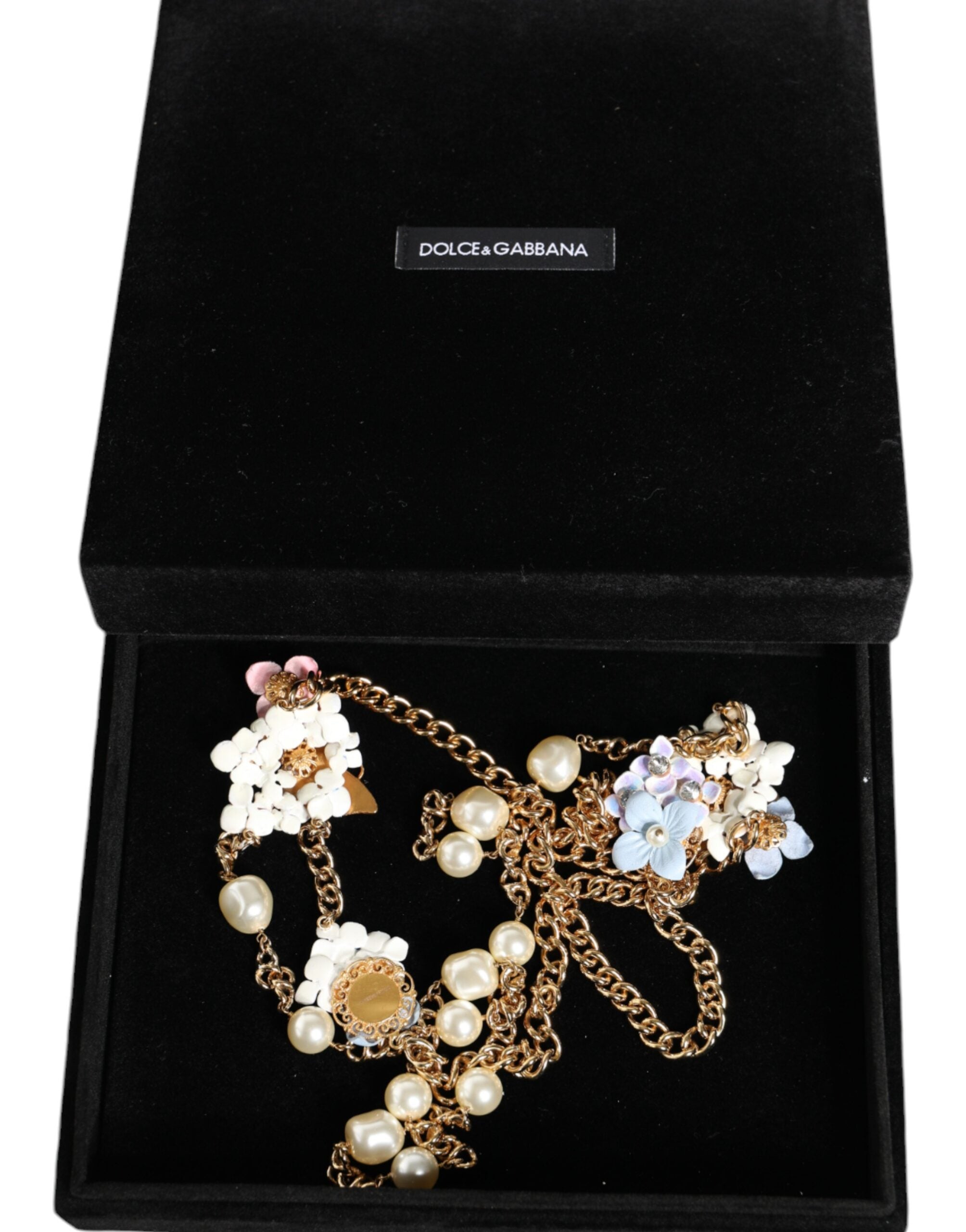 Dolce & Gabbana Gold Chain Brass Floral Layered Crystal Pearl Necklace