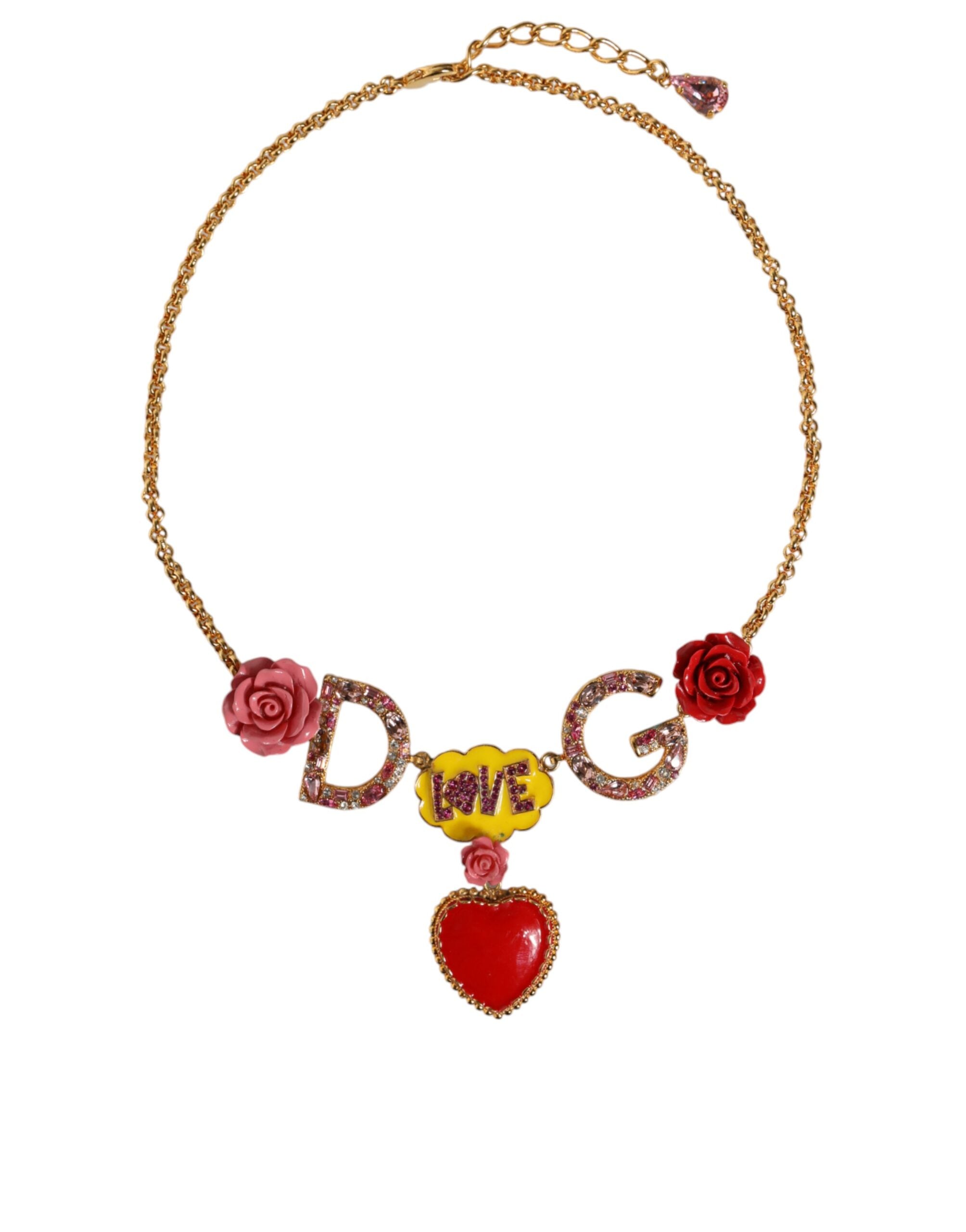 Dolce & Gabbana Gold Chain DG Logo Rose Love Crystal Charm Necklace