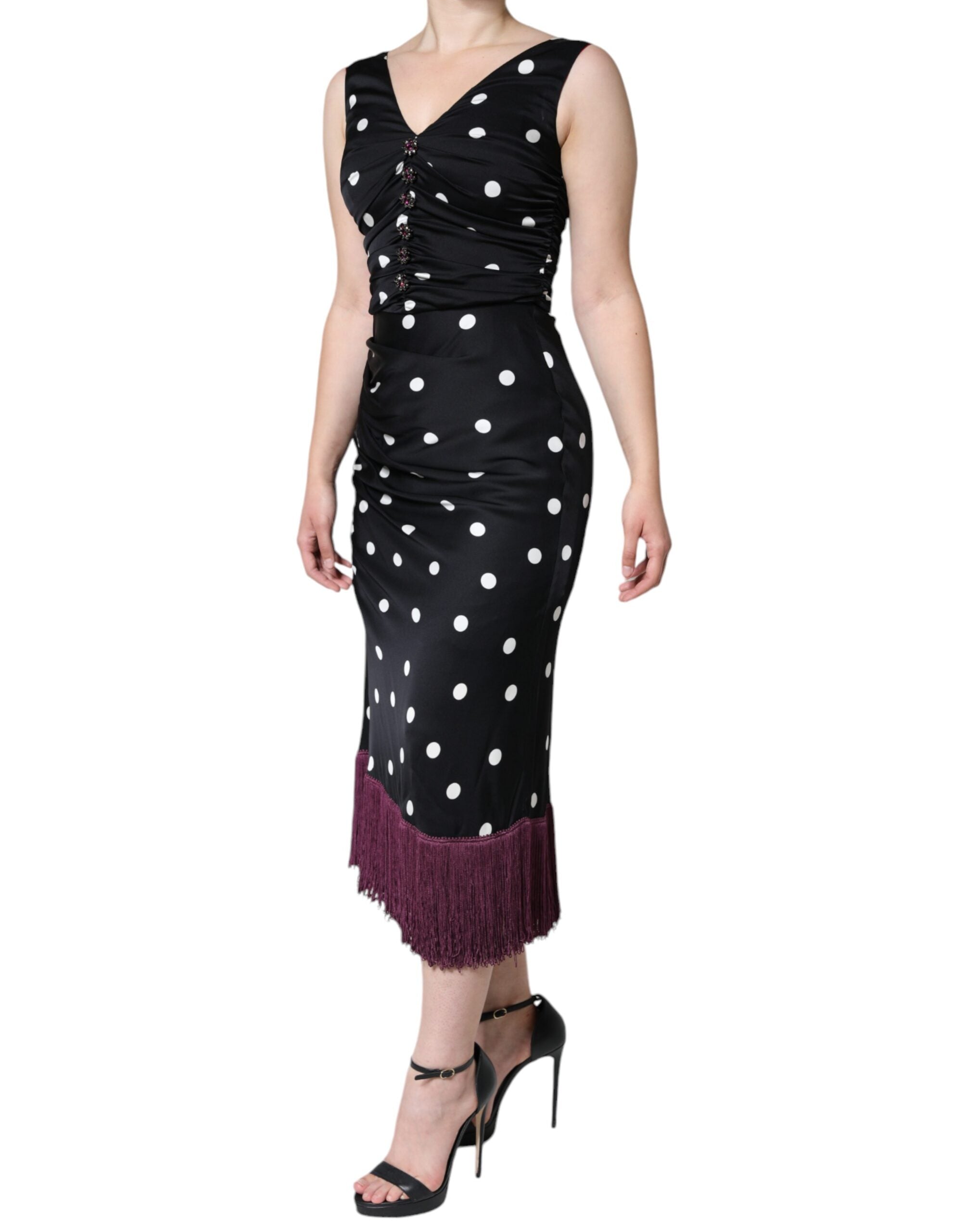 Dolce & Gabbana Black Silk Polka Dot V-neck Tassel Midi Dress