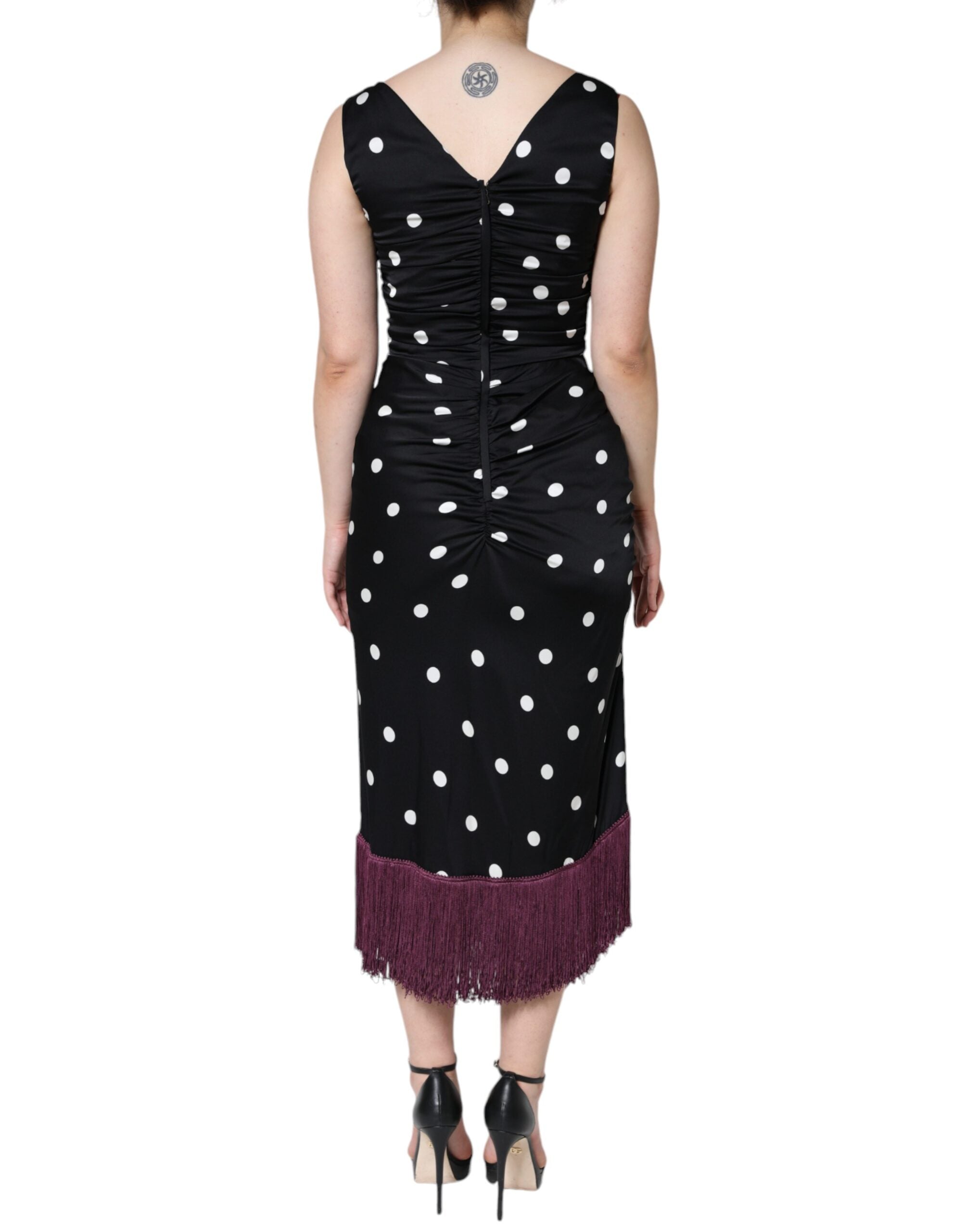 Dolce & Gabbana Black Silk Polka Dot V-neck Tassel Midi Dress