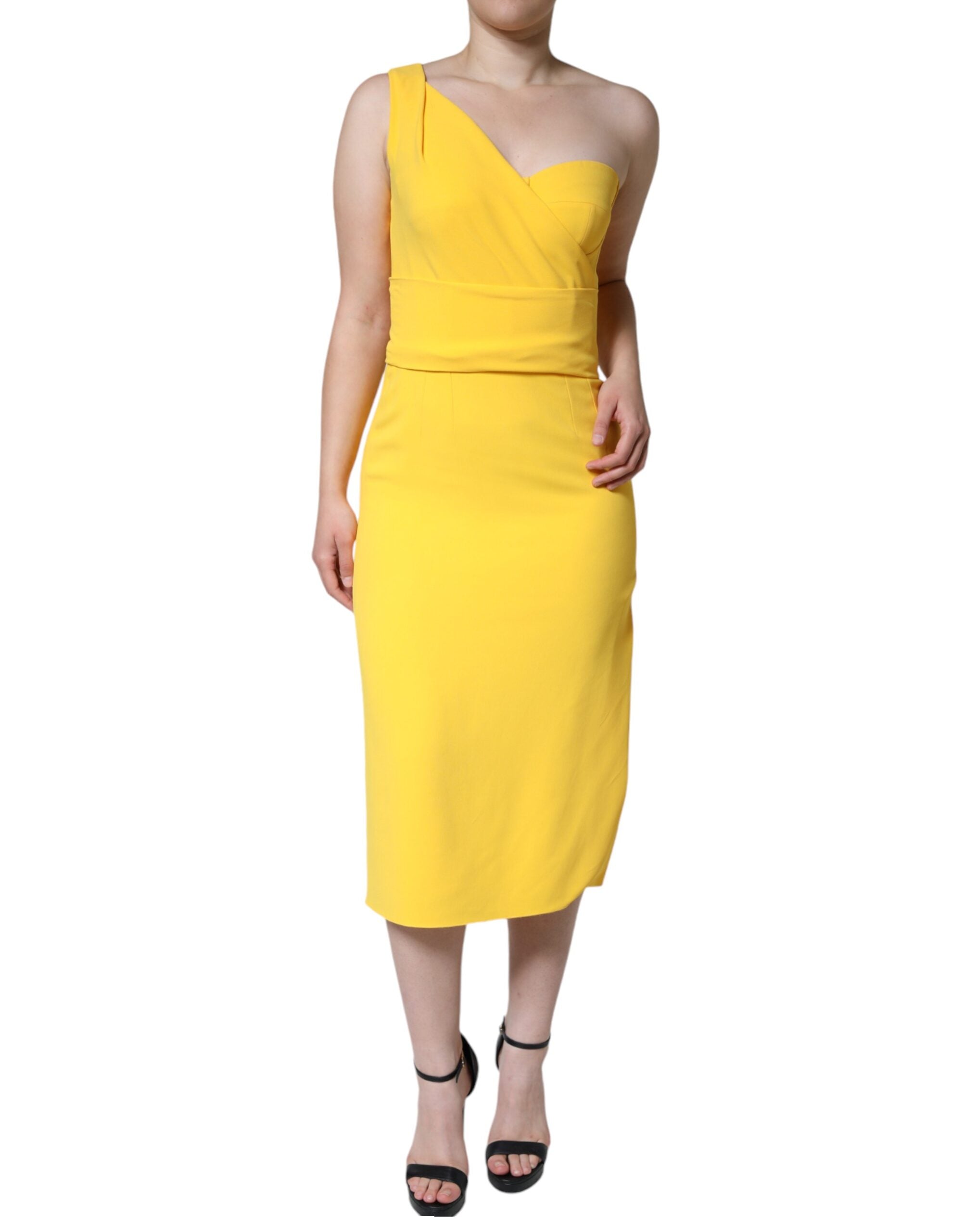 Dolce & Gabbana Yellow One Shoulder Side Slit Midi Dress