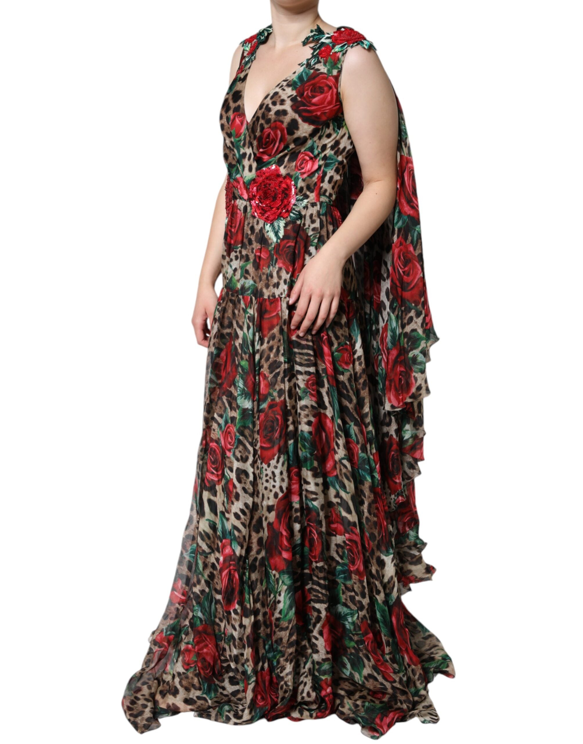 Dolce & Gabbana Brown Leopard Red Roses Silk Long Gown Dress