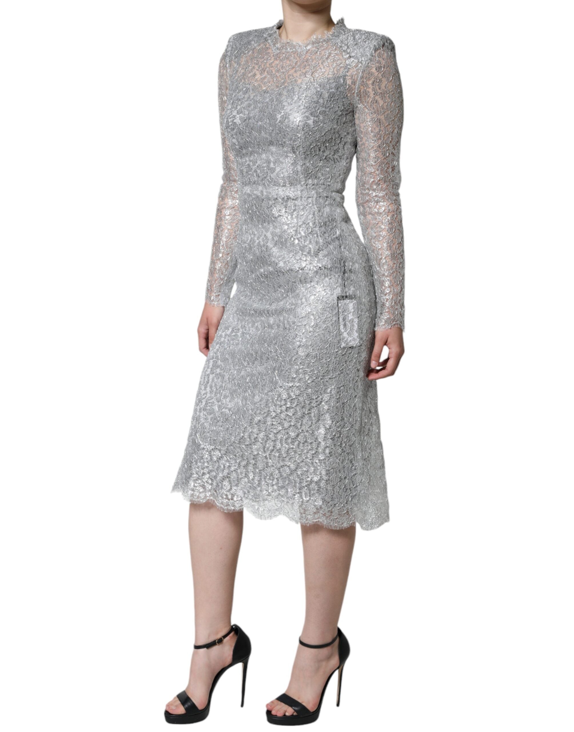 Dolce & Gabbana Silver Floral Lace Bodycon Sheath Midi Dress