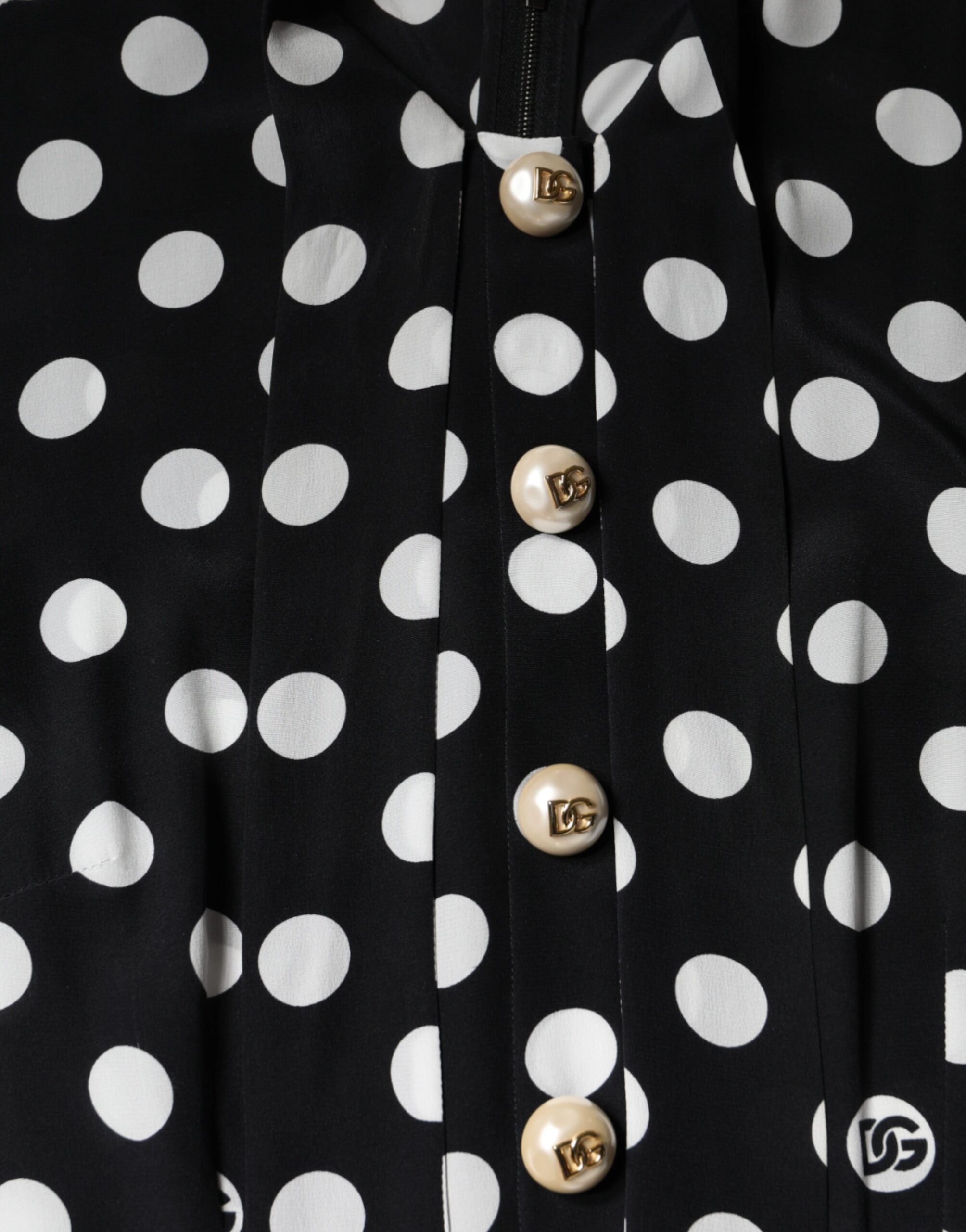 Dolce & Gabbana Black White Polka Dot Ascot Collar Midi Dress