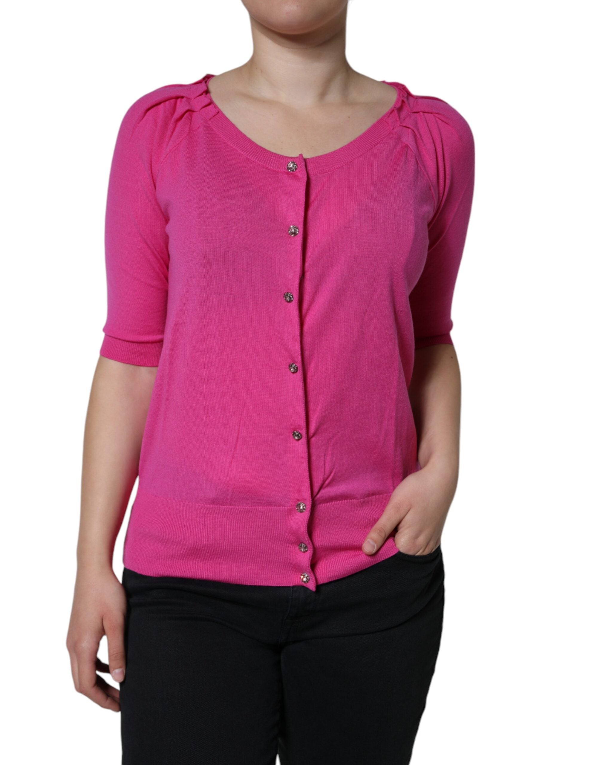 Dolce & Gabbana Pink Wool Button Down Short Sleeve Blouse Top