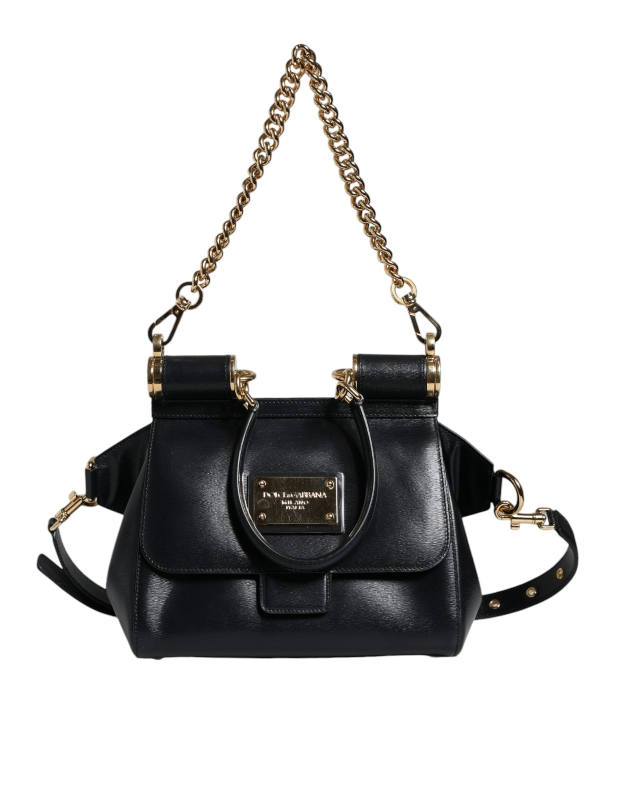 Dolce & Gabbana Black Calfskin Leather SICILY Chain Strap Crossbody Bag