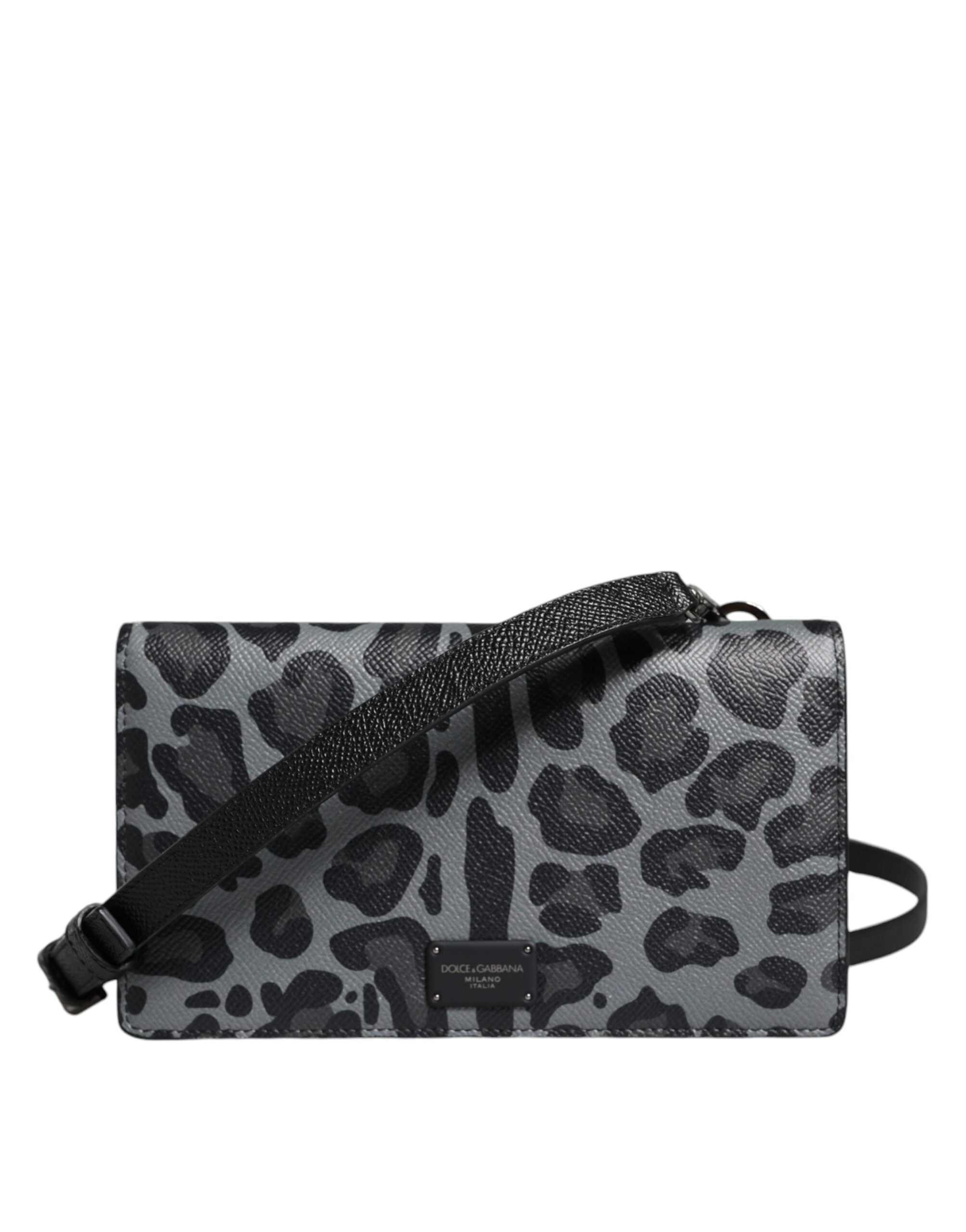 Dolce & Gabbana Black Gray Leopard Leather Bifold Card Slot Crossbody Bag