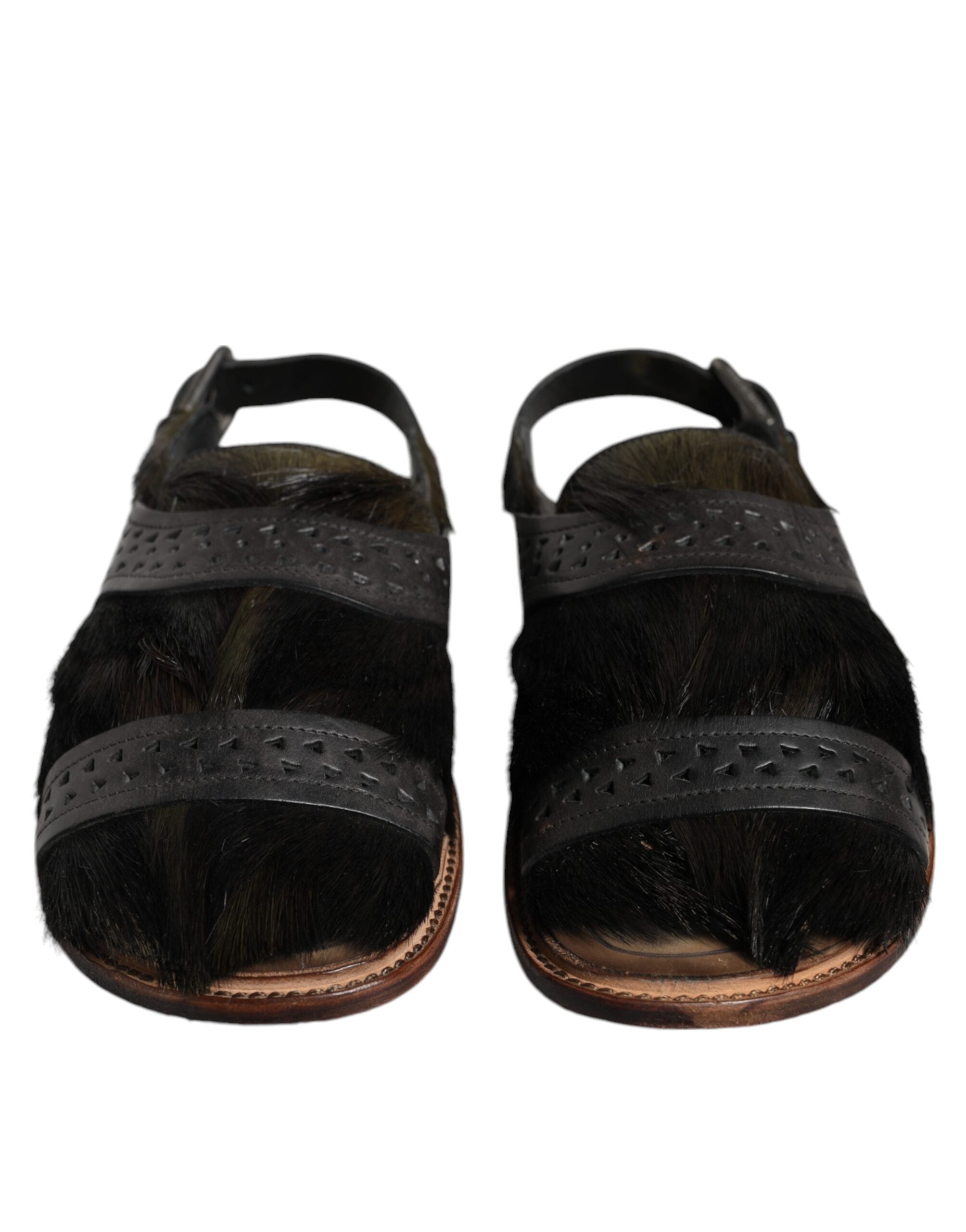 Dolce & Gabbana Black Gazelle Hair Leather Flats Sandals Shoes