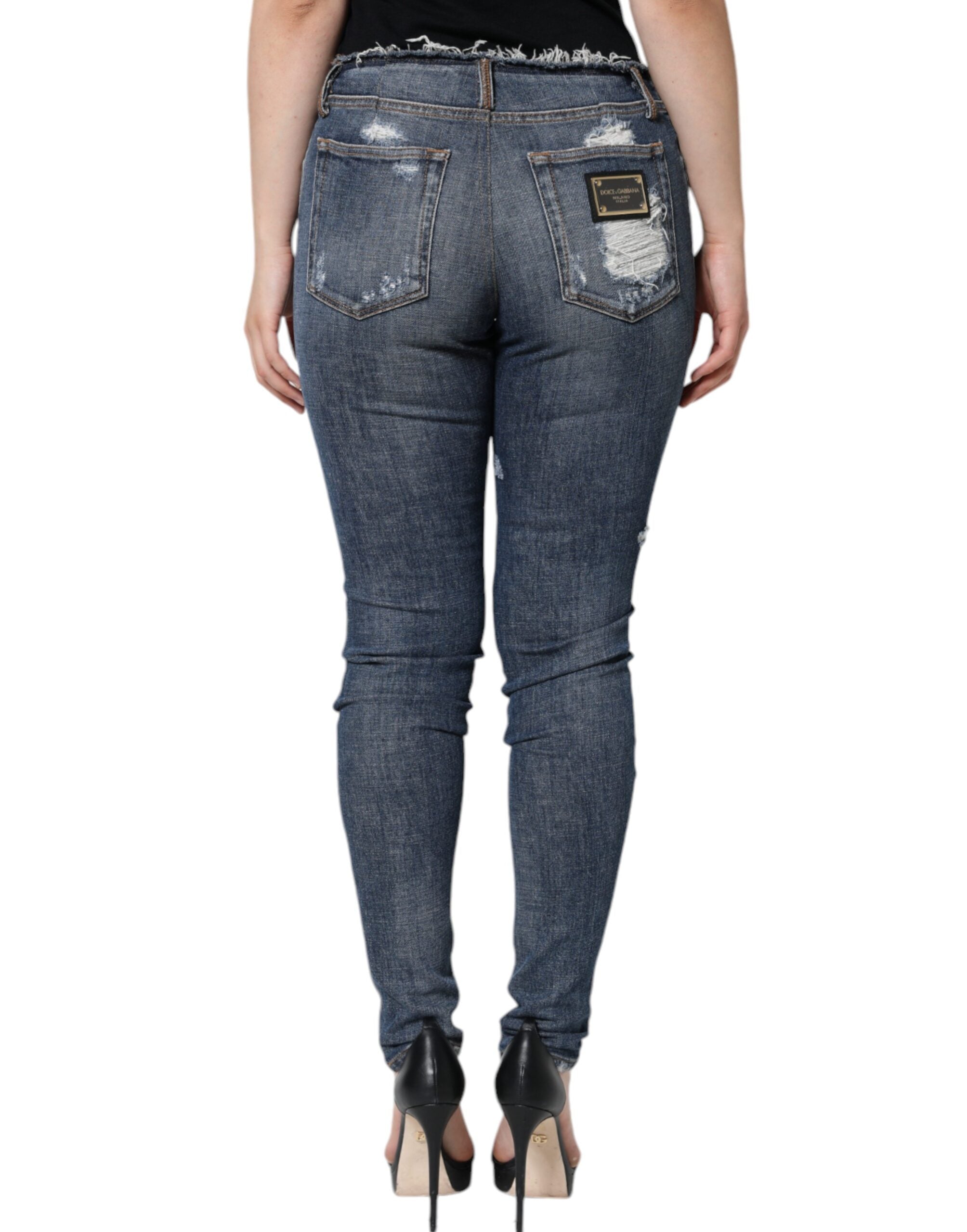 Dolce & Gabbana Blue Cotton Stretch Tattered Skinny Jeans