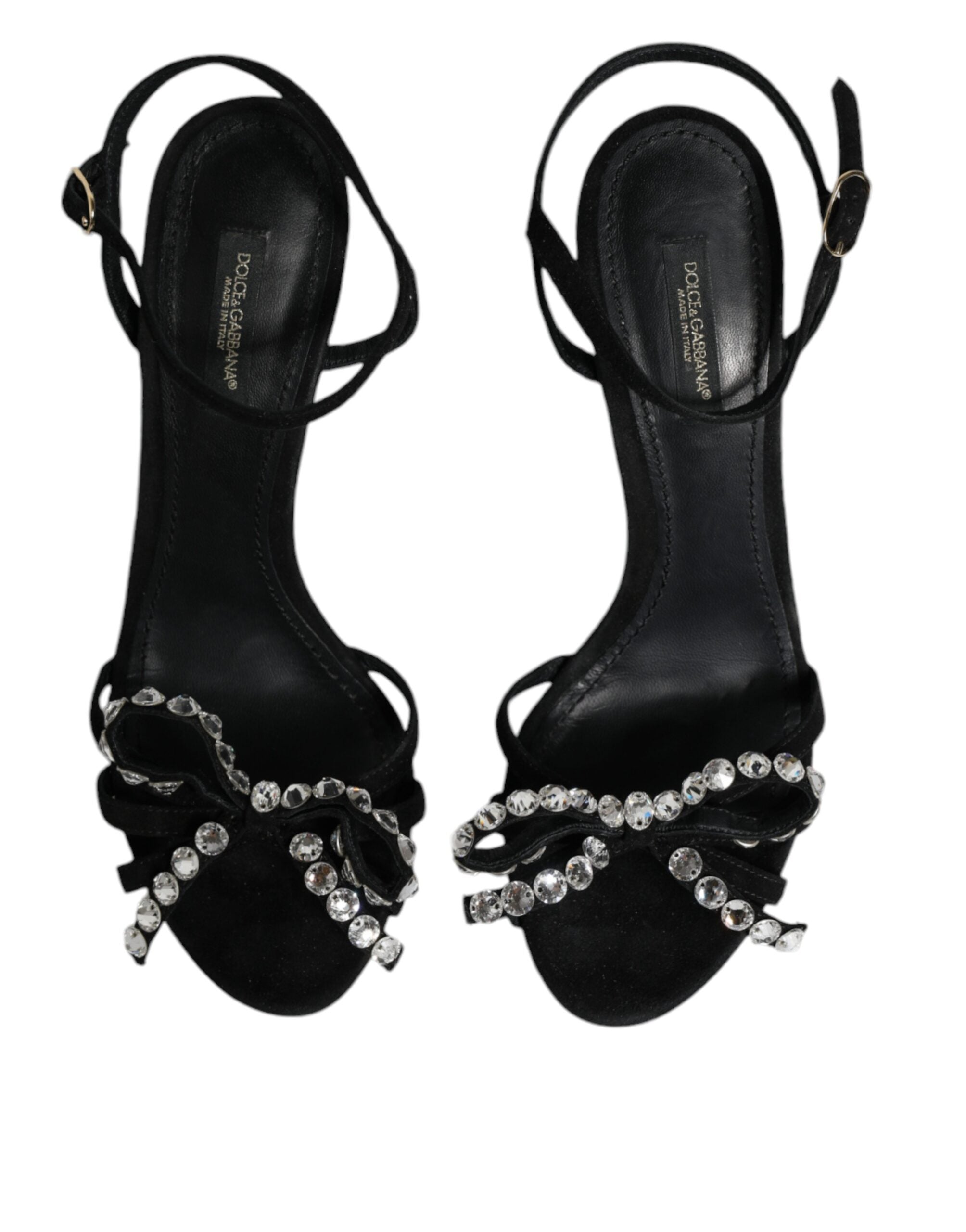 Dolce & Gabbana Black Leather Crystal Bow Heels Sandals Shoes