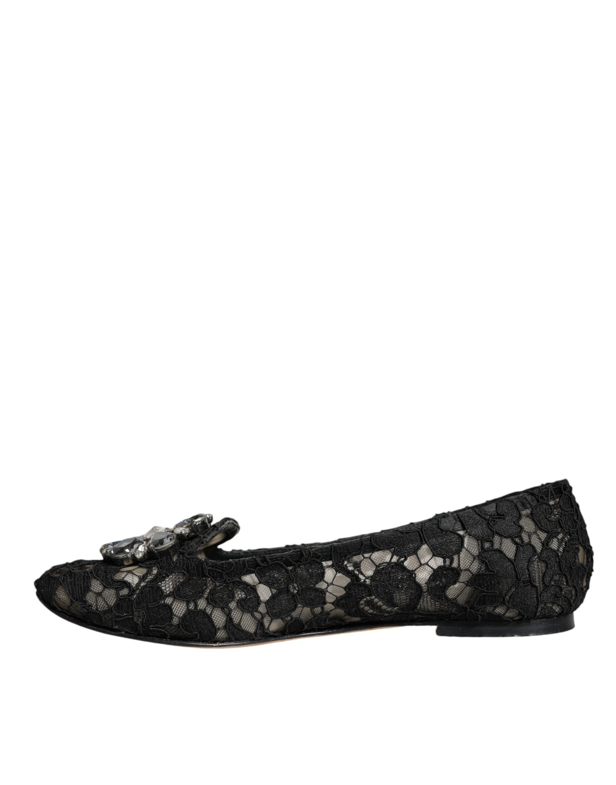 Dolce & Gabbana Black Lace Crystal Ballet Flats Loafer Shoes