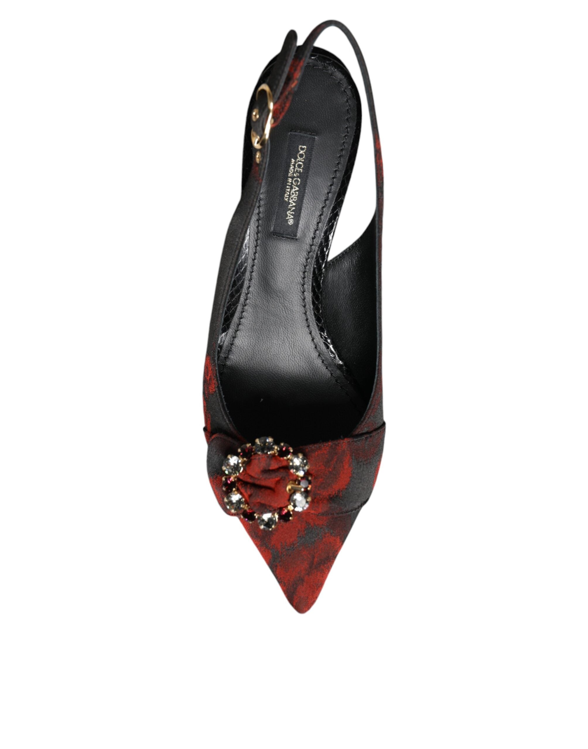 Dolce & Gabbana Black Red Floral Crystal Heel Slingback Shoes