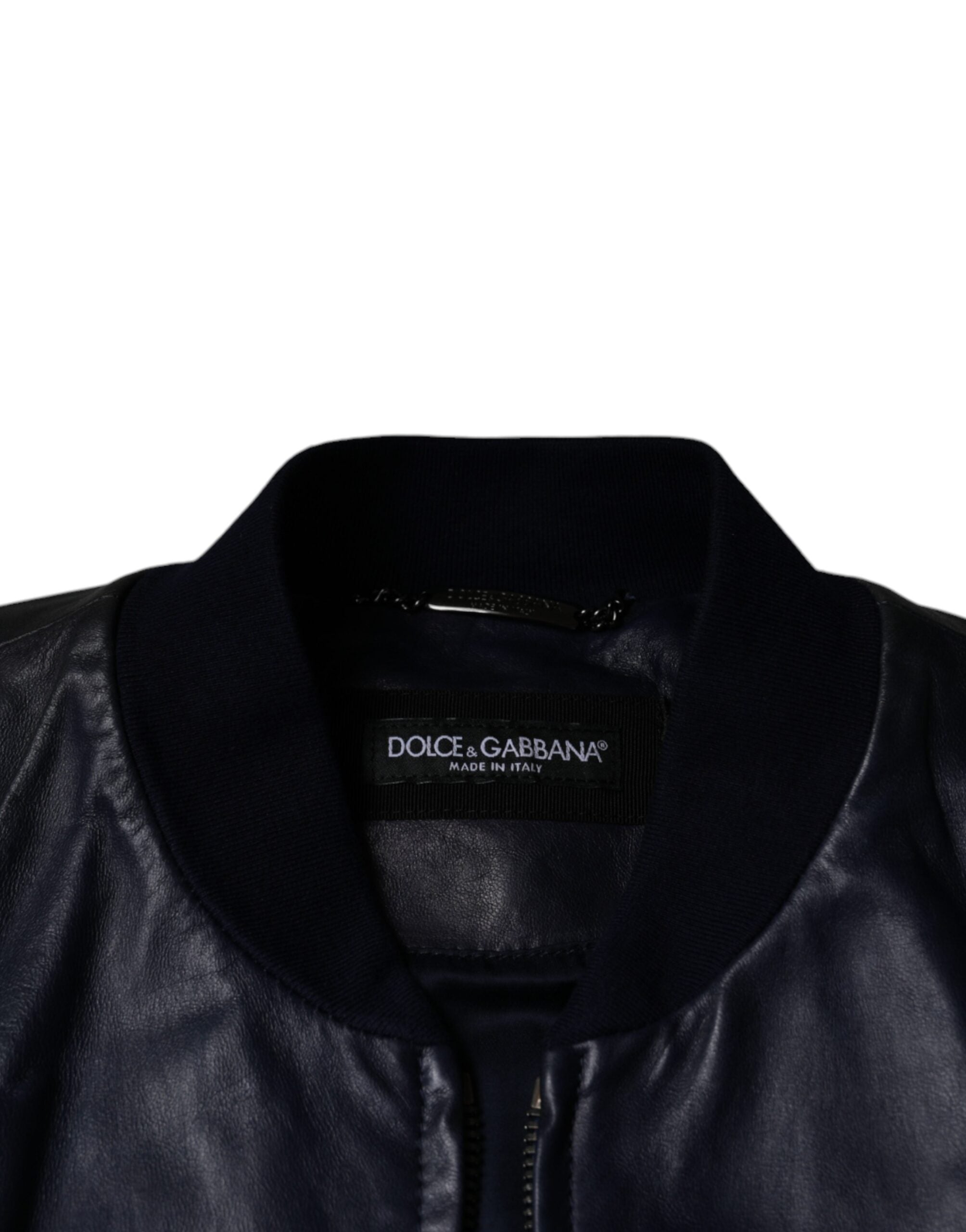 Dolce & Gabbana Blue Lambskin Leather Full Zip Biker Jacket