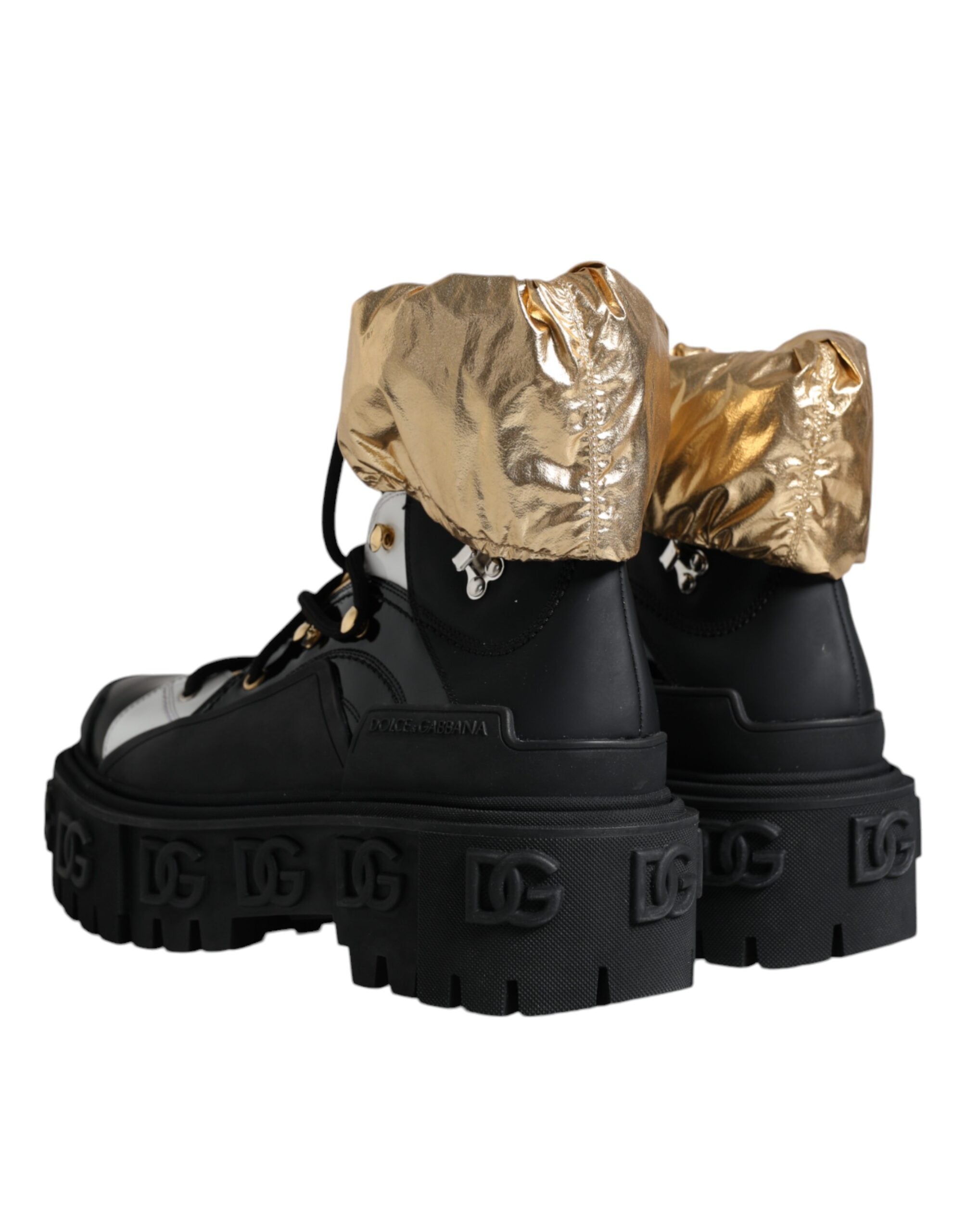 Dolce & Gabbana Black Gold Leather Trekking Ankle Boots Shoes