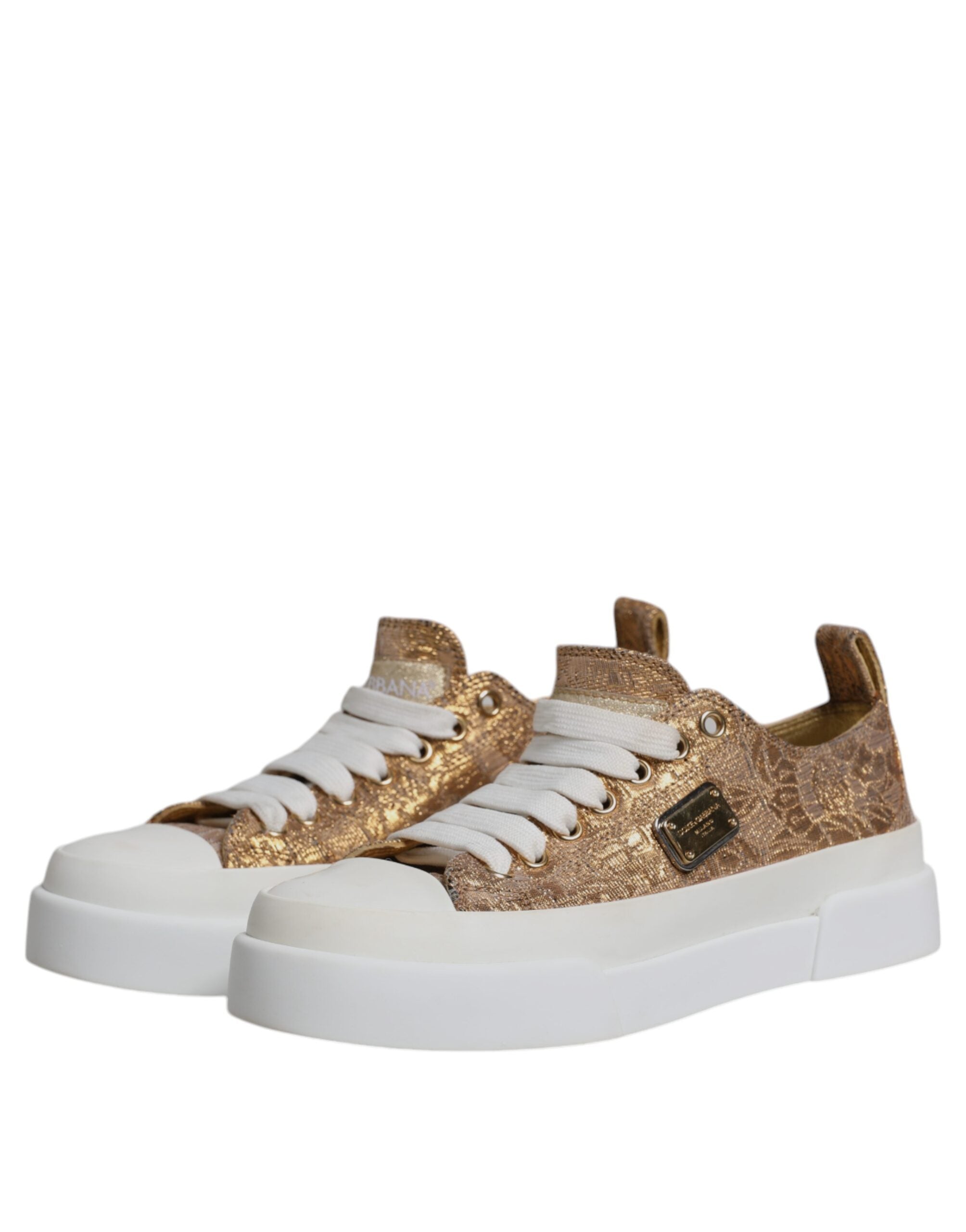 Dolce & Gabbana Gold White Logo Low Top Sneakers Shoes