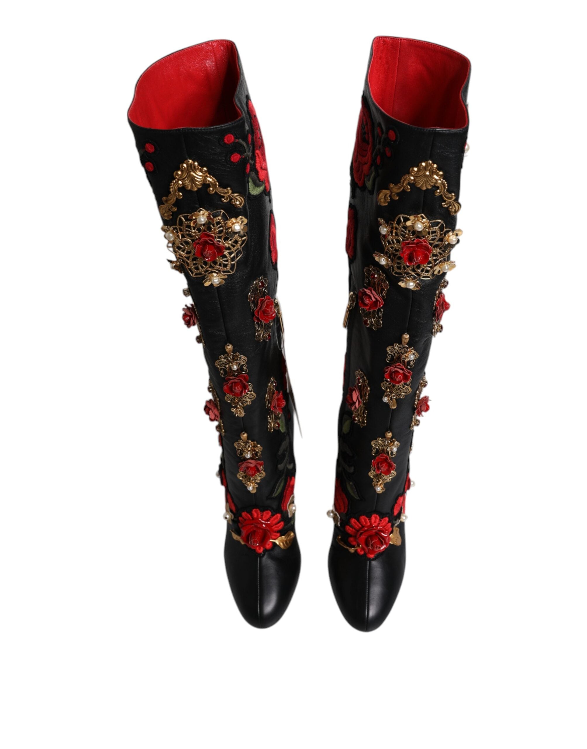 Dolce & Gabbana Black Roses Embellished Leather Heel Boots Shoes