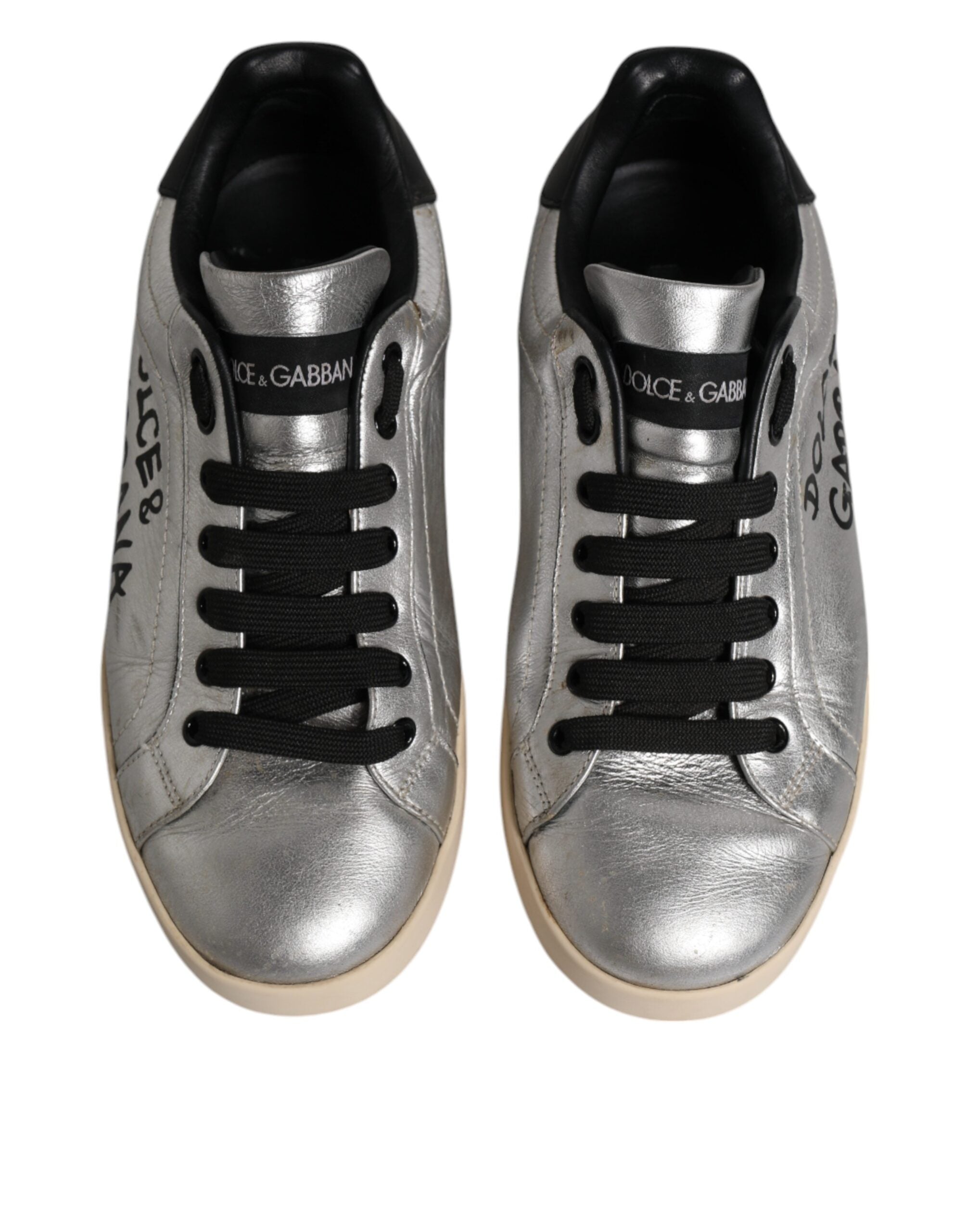 Dolce & Gabbana Silver Calf Leather Portofino Sneakers Shoes