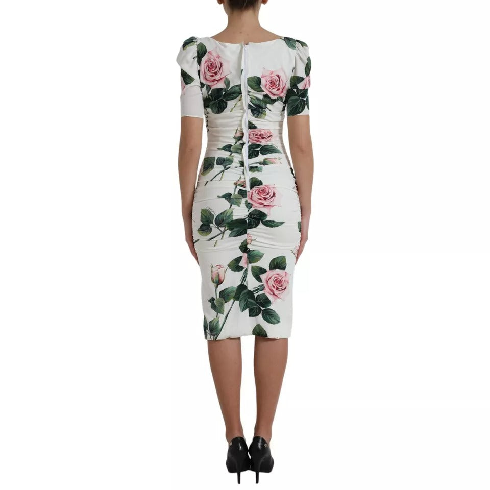 Dolce & Gabbana White Roses Print Stretch Silk Pleated Dress