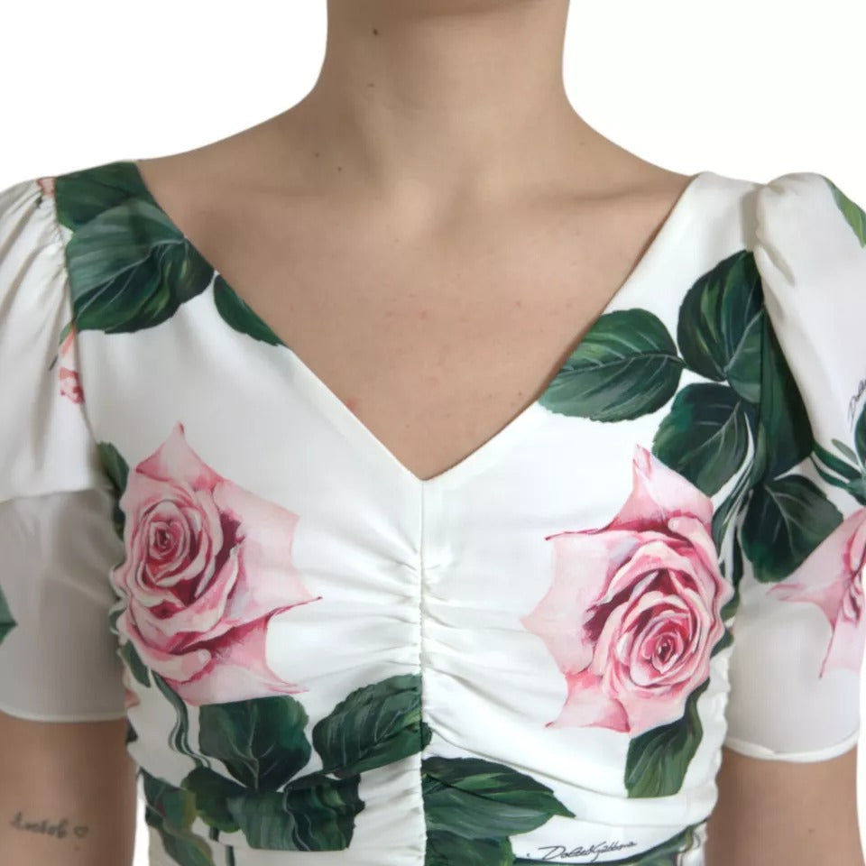 Dolce & Gabbana White Roses Print Stretch Silk Pleated Dress