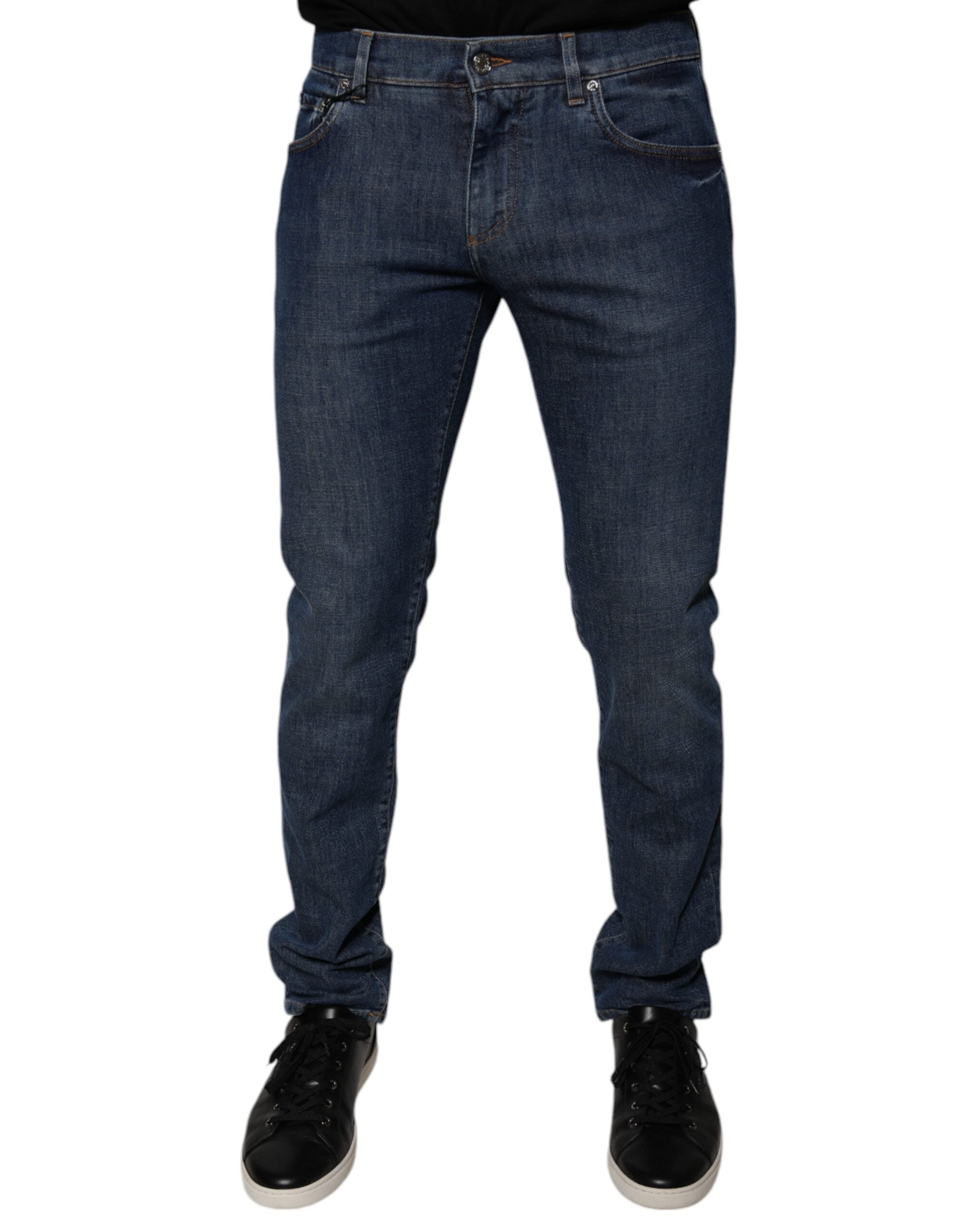 Dolce & Gabbana Dark Blue Cotton Logo Skinny Denim Jeans