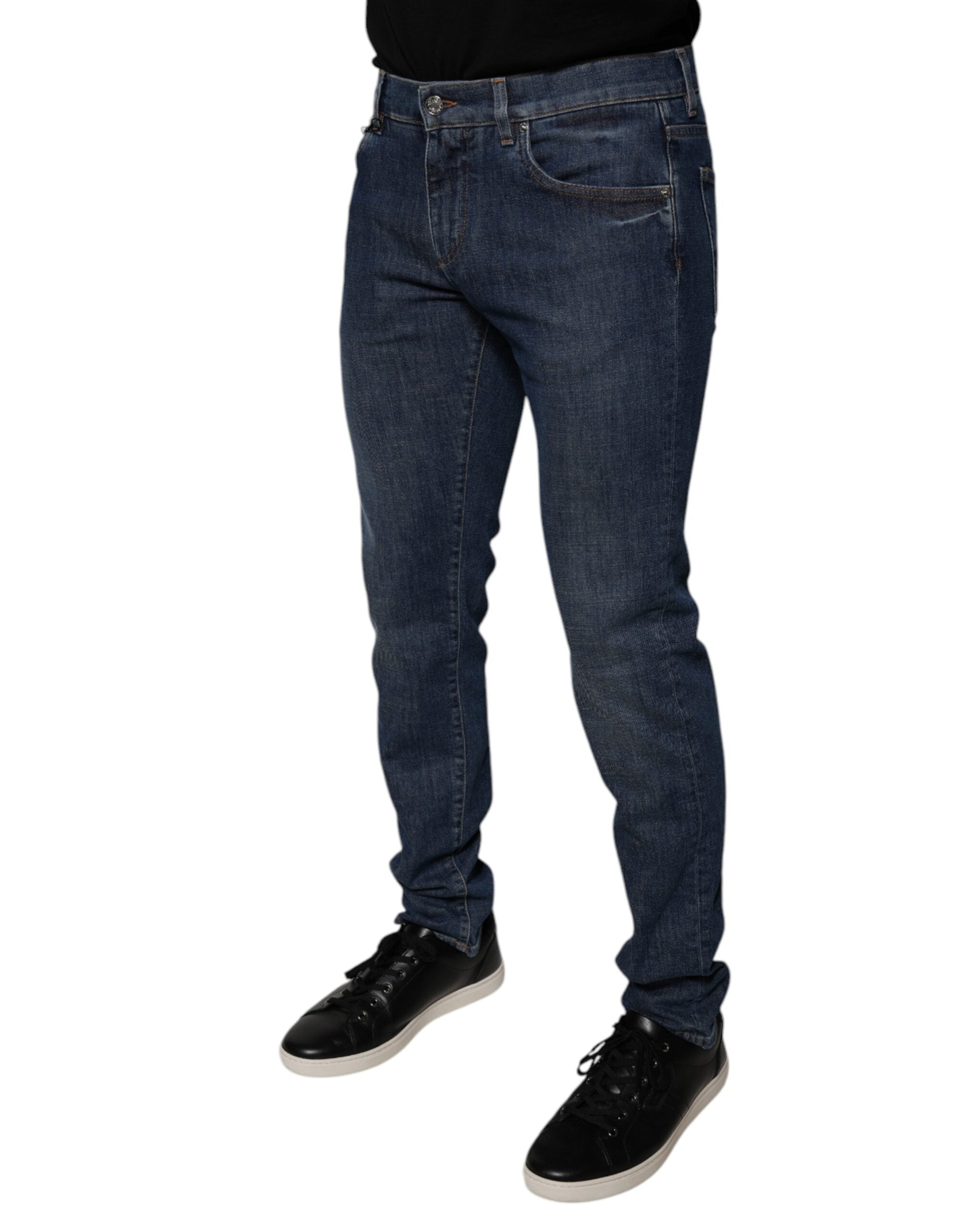 Dolce & Gabbana Dark Blue Cotton Logo Skinny Denim Jeans