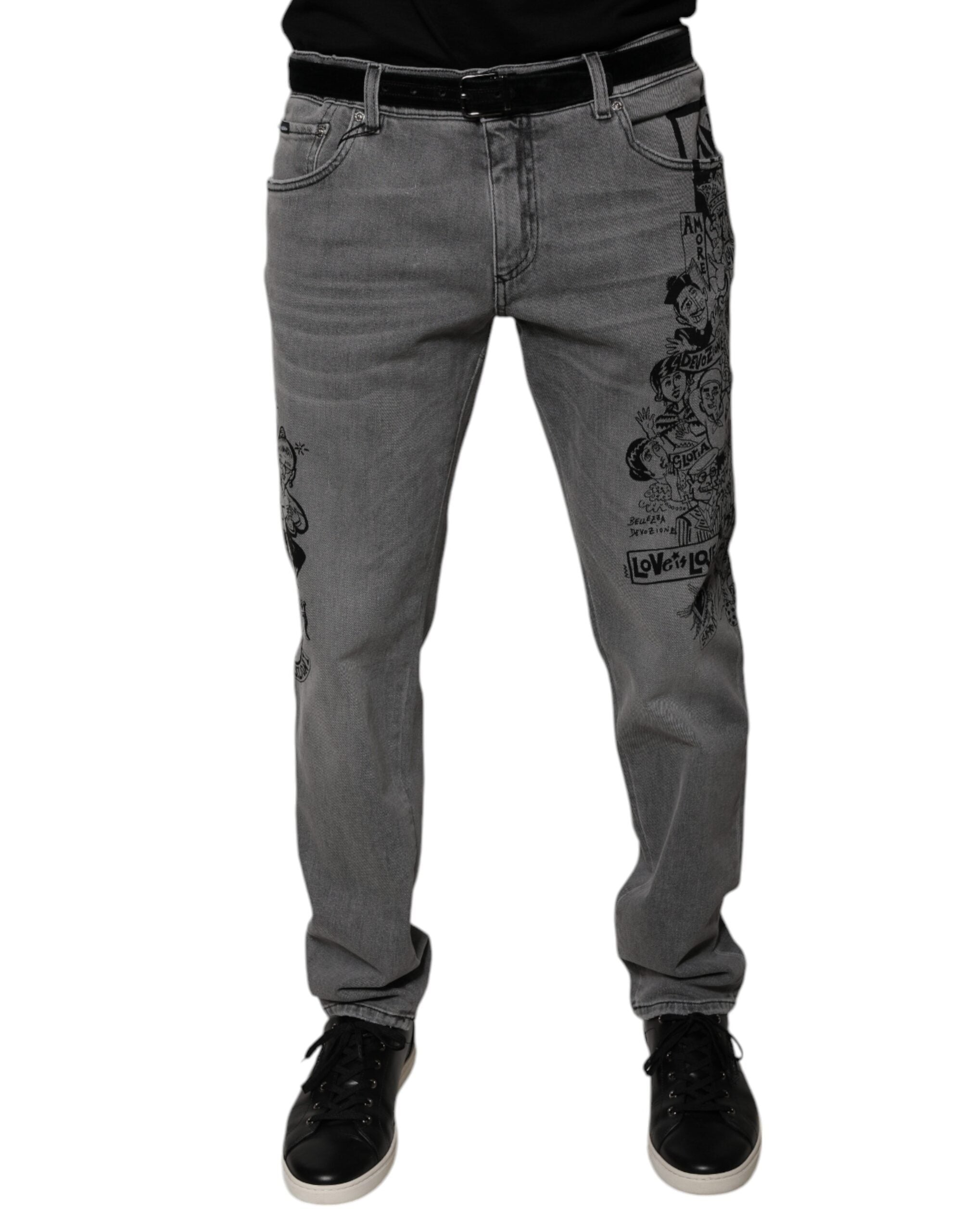 Dolce & Gabbana Gray Graphic Print Cotton Skinny Denim Jeans