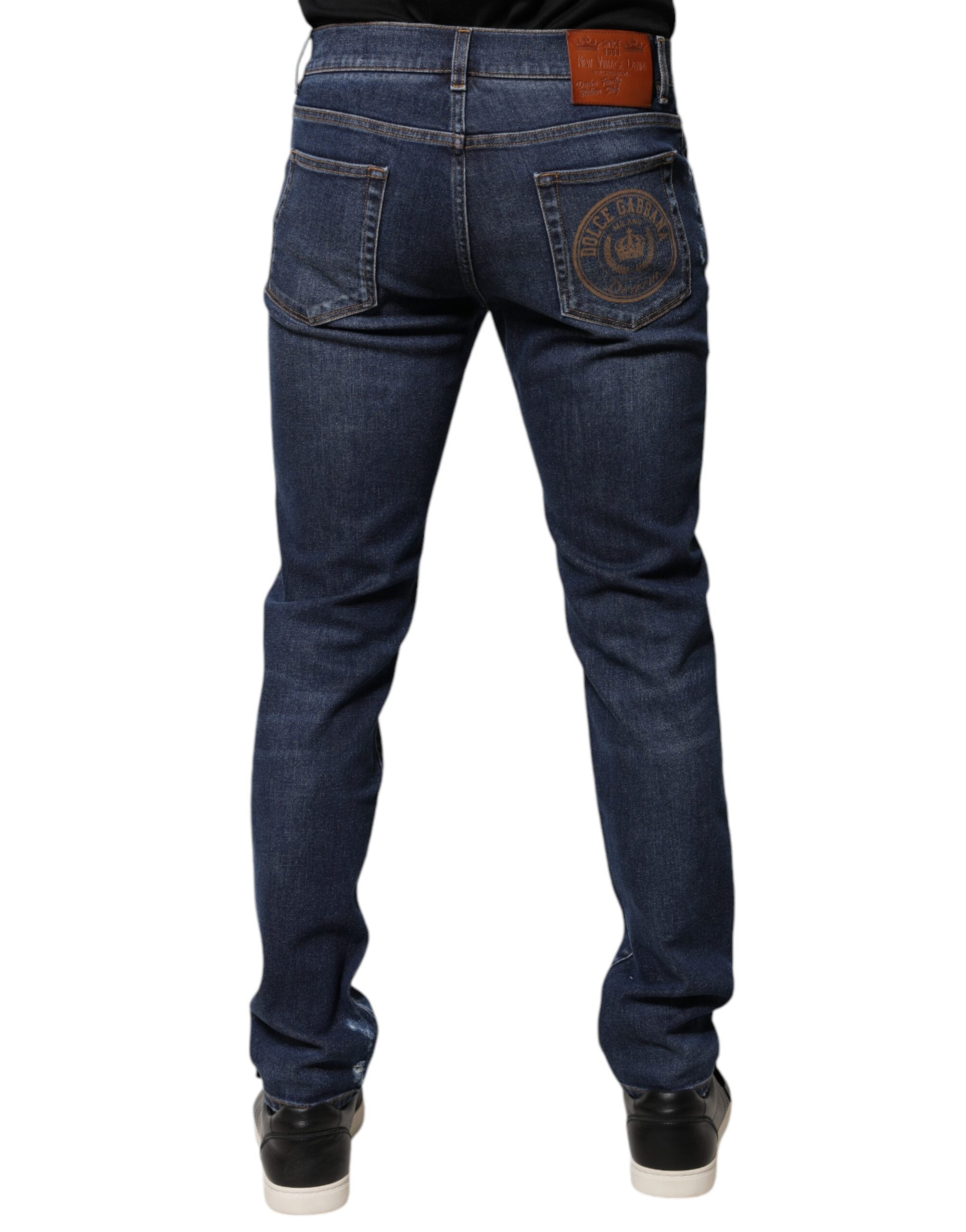 Dolce & Gabbana Blue Cotton Logo Print Slim Fit Denim Jeans