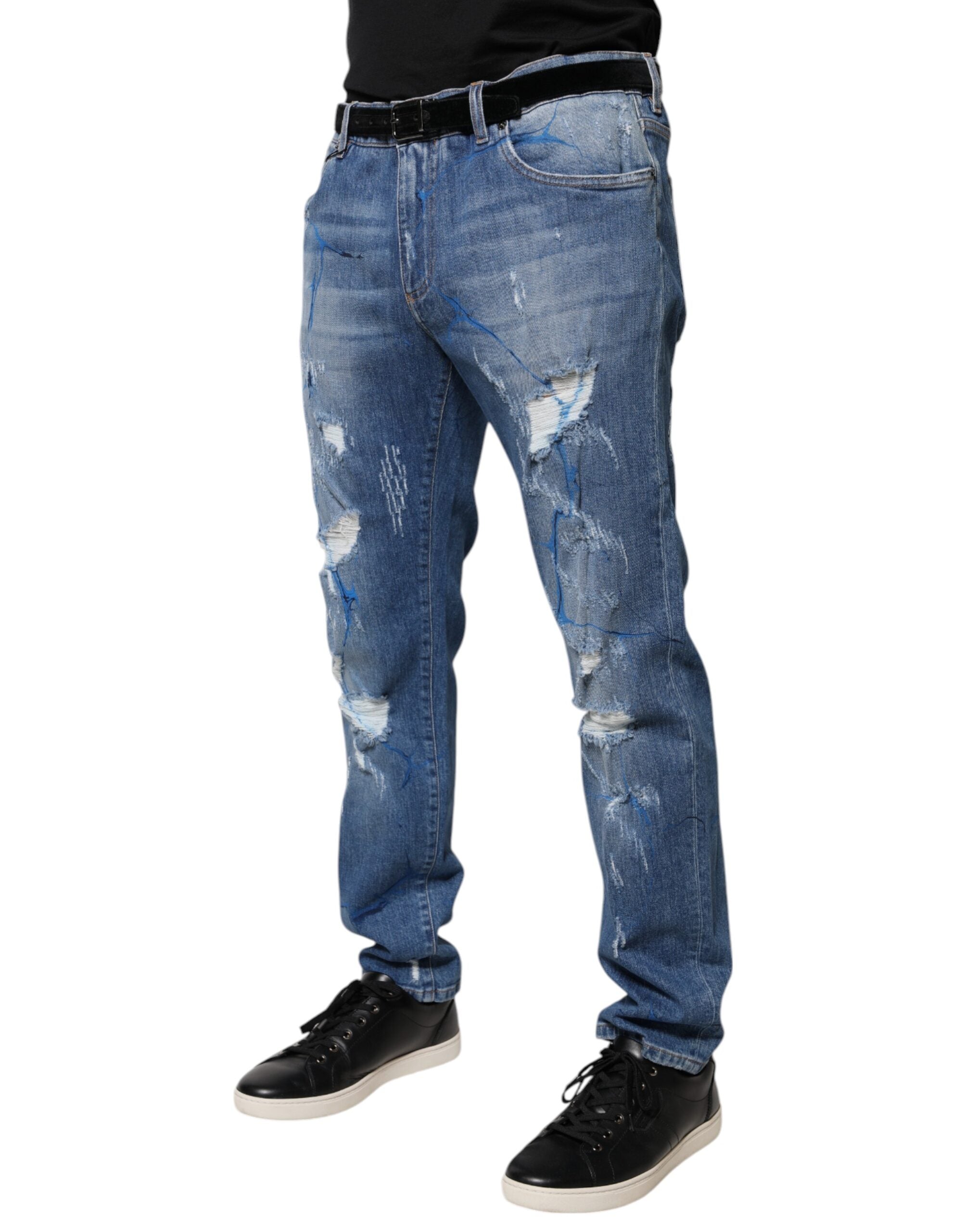 Dolce & Gabbana Blue Cotton Stretch Tattered Skinny Denim Jeans