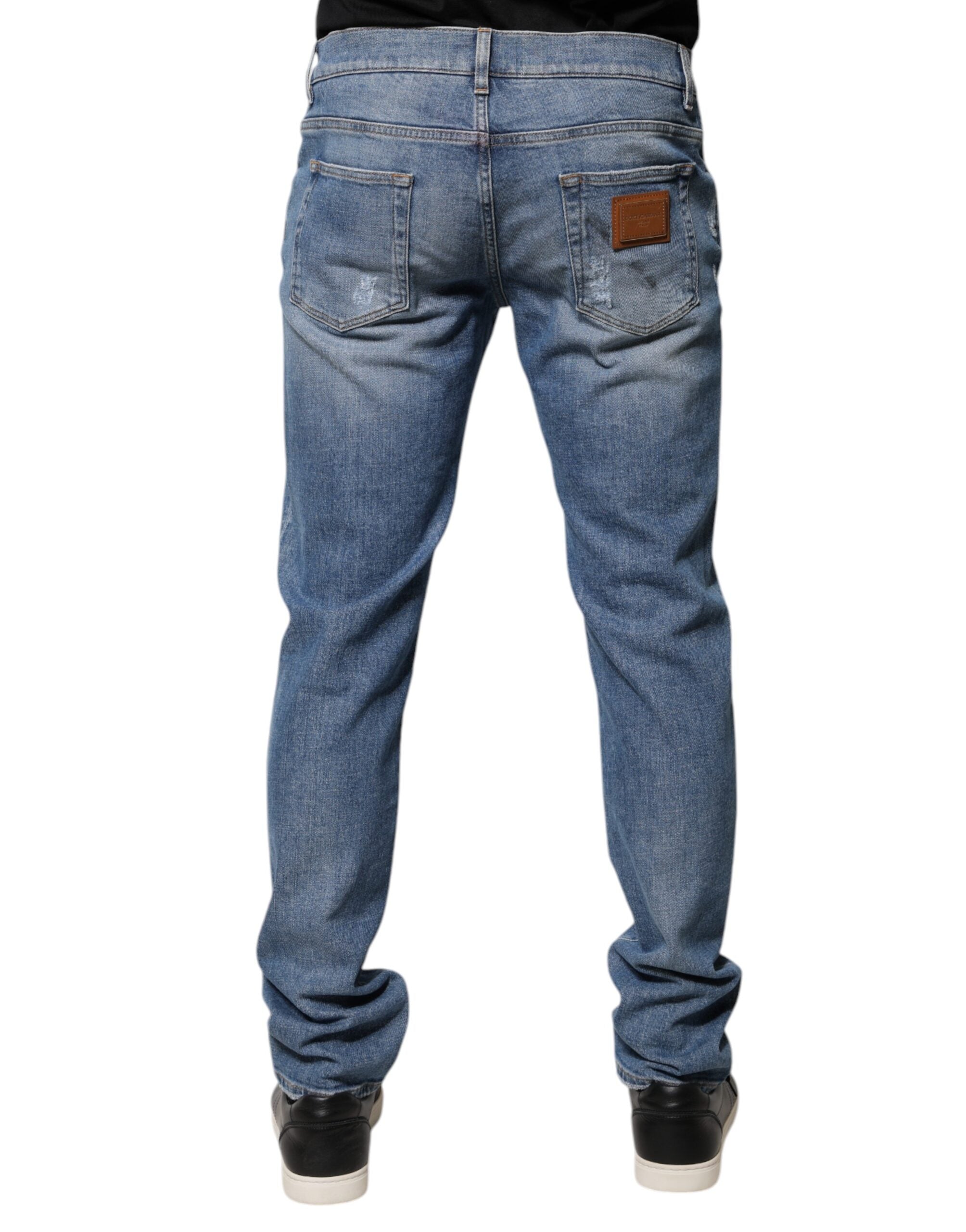 Dolce & Gabbana Blue Cotton Logo Tattered Skinny Denim Jeans