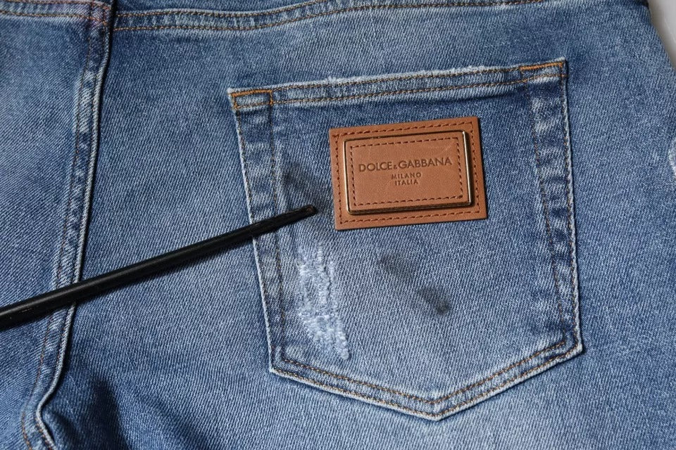 Dolce & Gabbana Blue Cotton Logo Tattered Skinny Denim Jeans