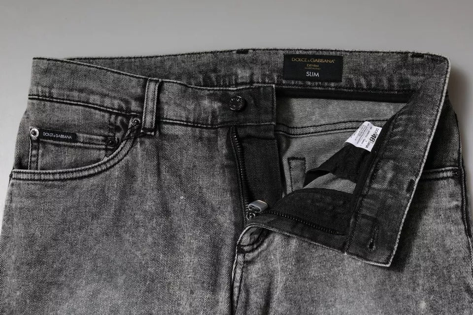 Dolce & Gabbana Gray Logo Plaque Cotton Slim Fit Denim Jeans