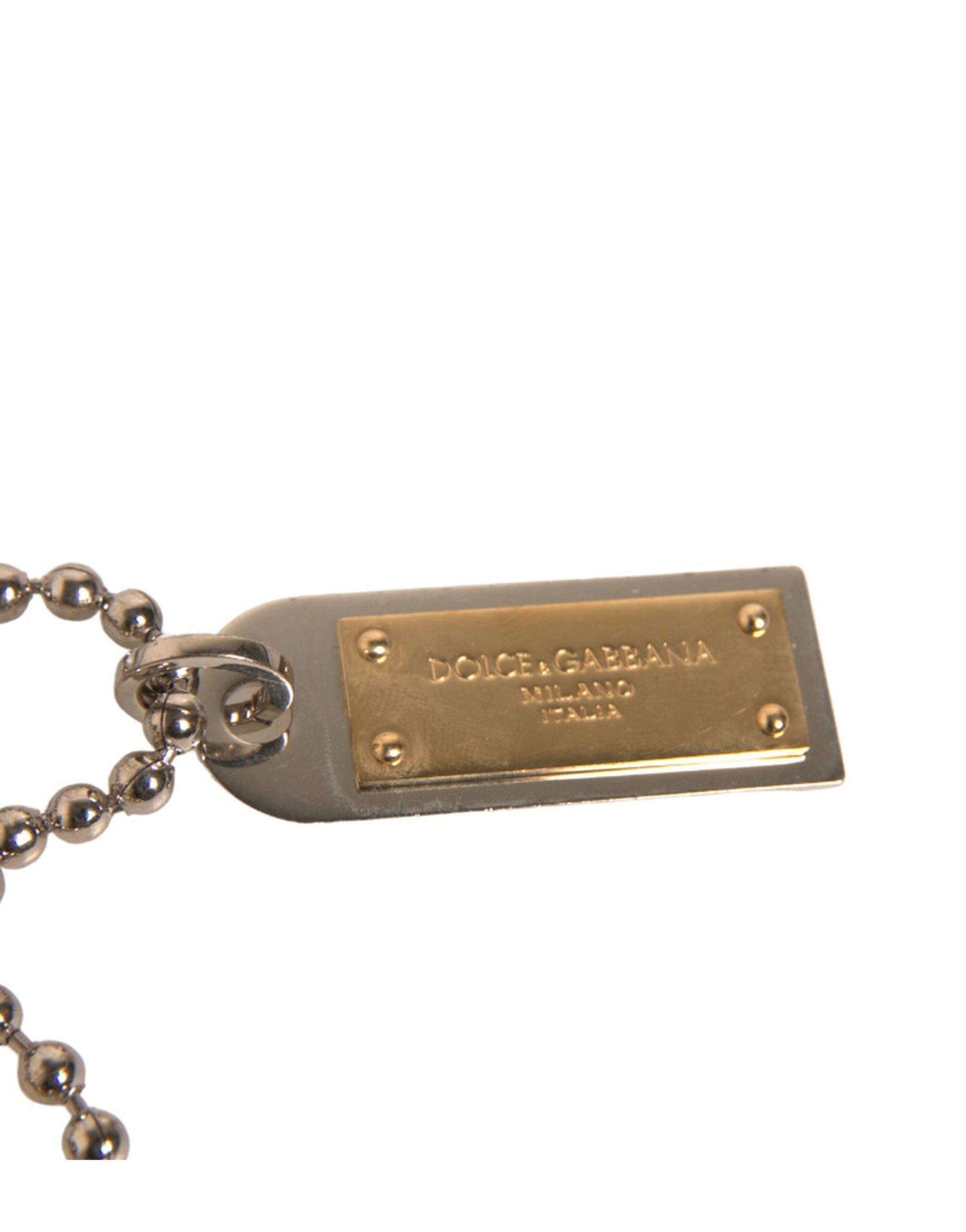 Dolce & Gabbana Silver Brass Chain Beaded Logo Plaque Keychain Keyring